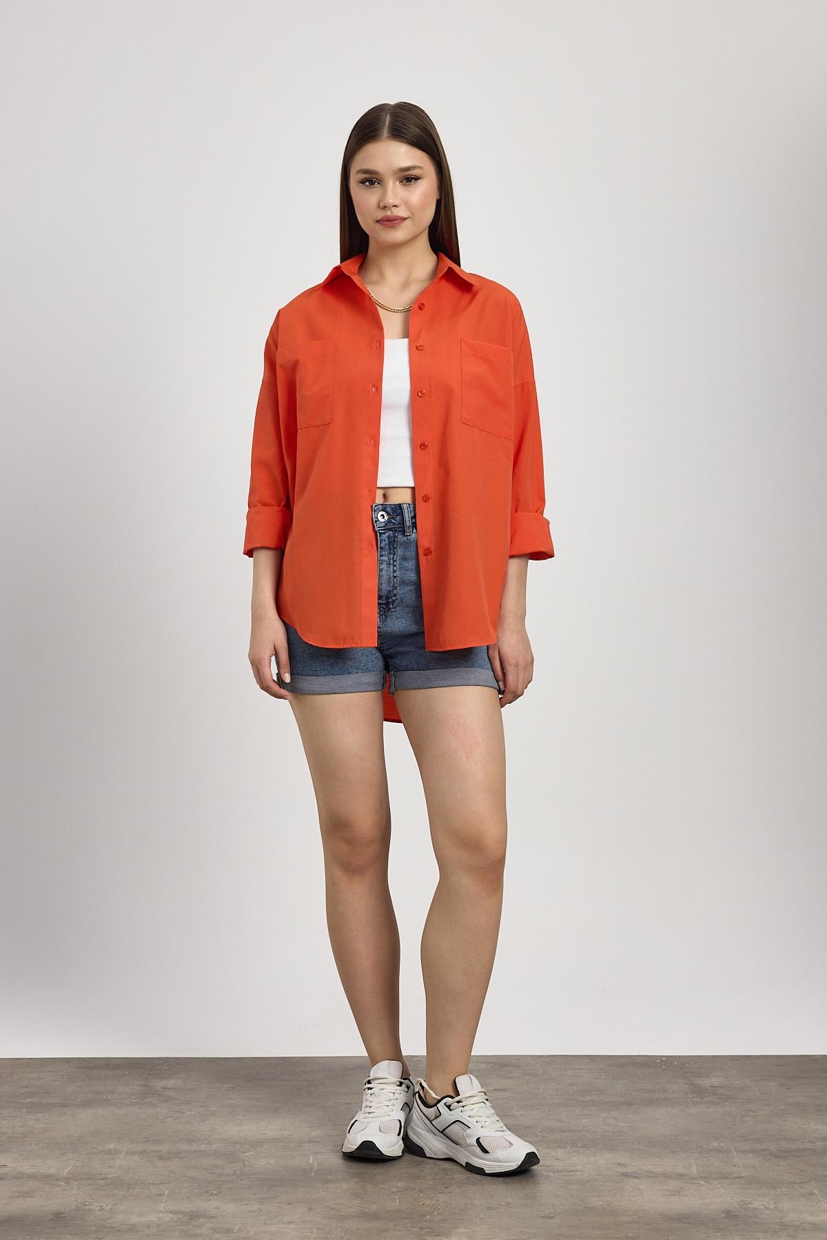 Orange Çift Cepli Oversize Uzun Basic Gömlek TCR 6256A