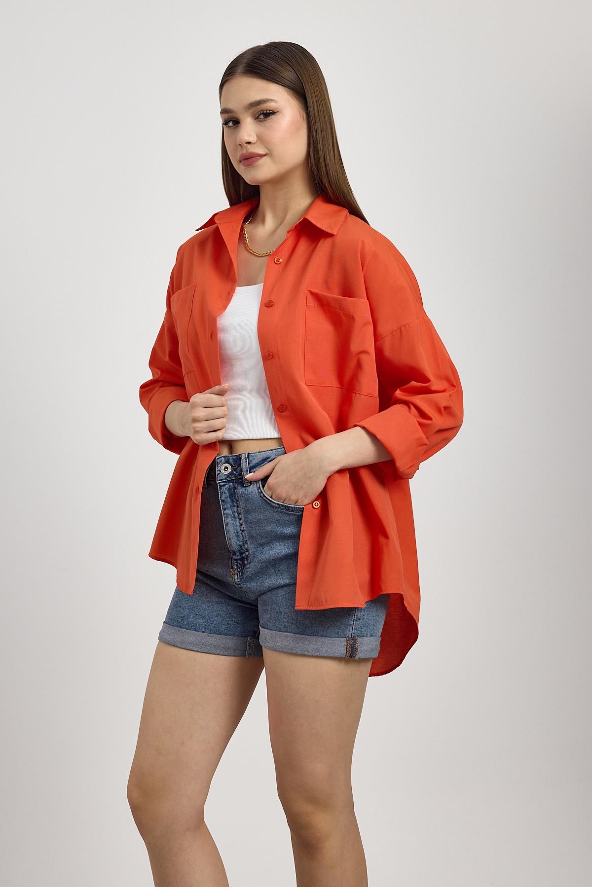 Orange Çift Cepli Oversize Uzun Basic Gömlek TCR 6256A