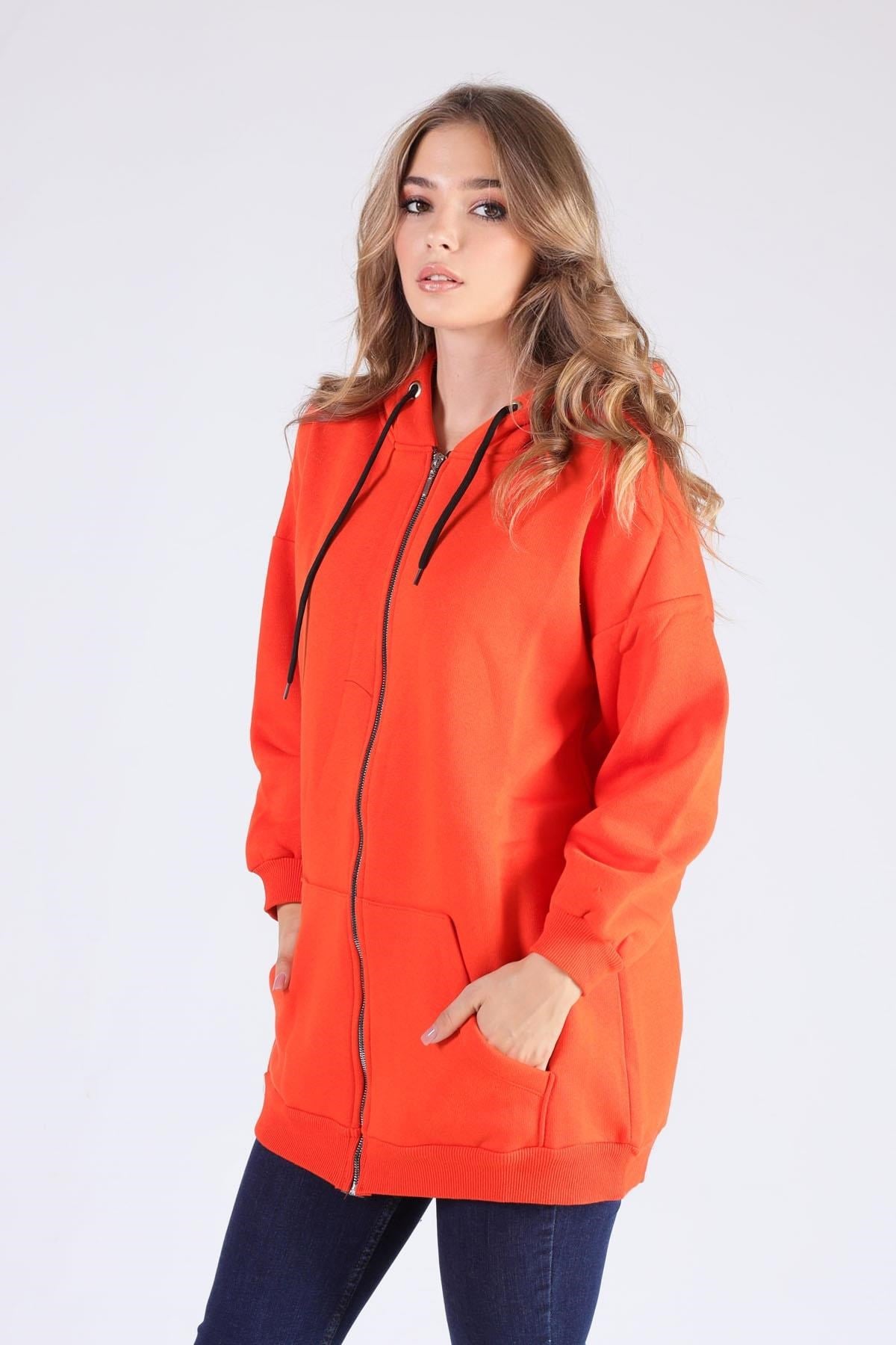 Orange Oversize Uzun Fermuarlı Sweat 8124M