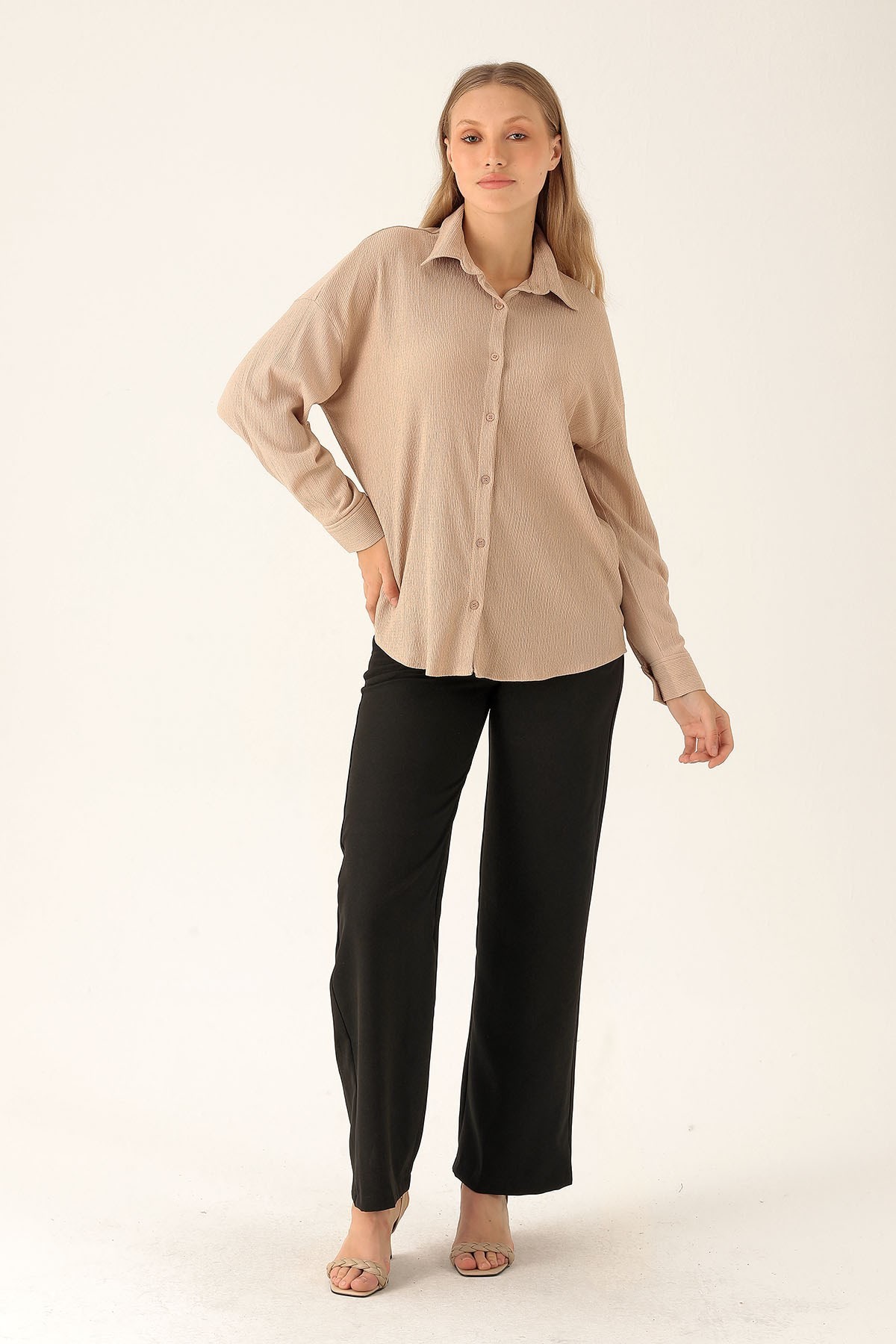 Oversize Bayan Gömlek - 6624A Bej