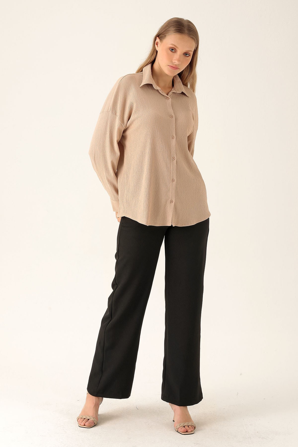 Oversize Bayan Gömlek - 6624A Bej