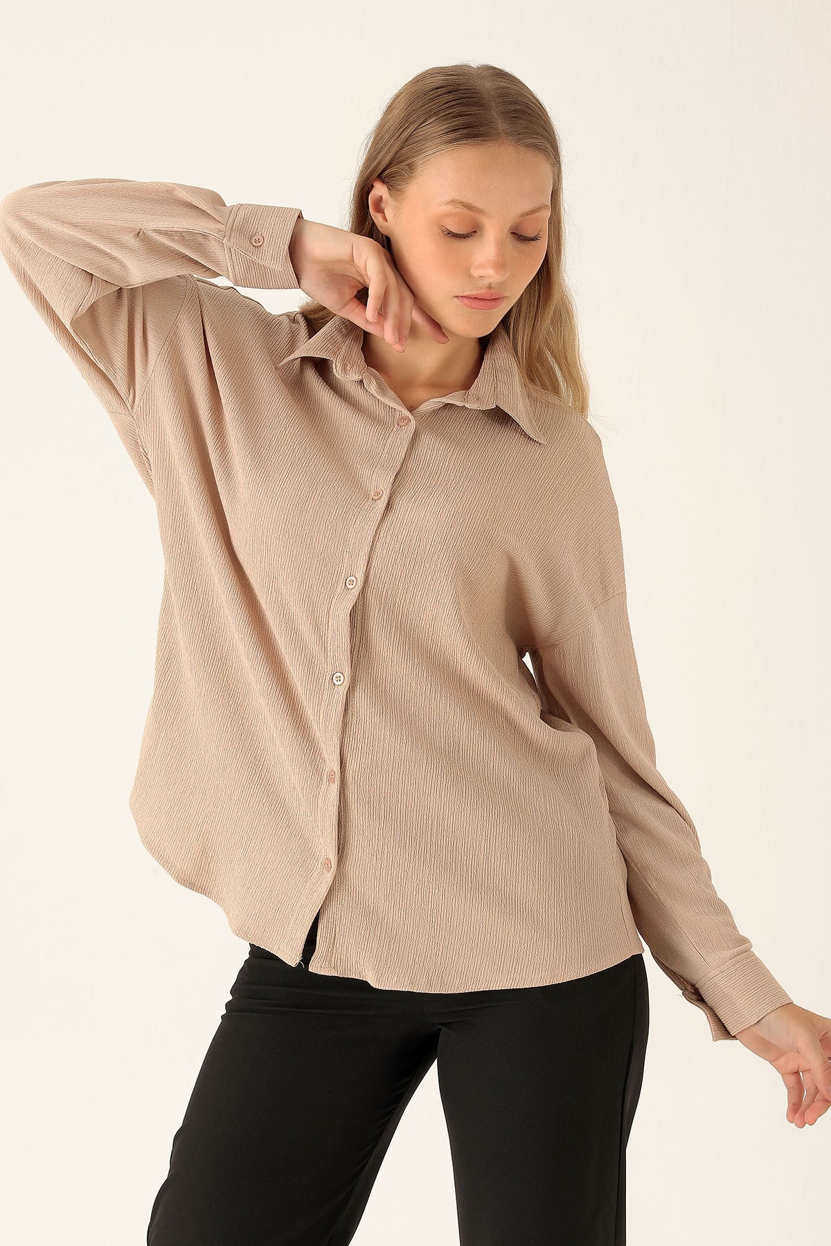 Oversize Bayan Gömlek - 6624A Bej