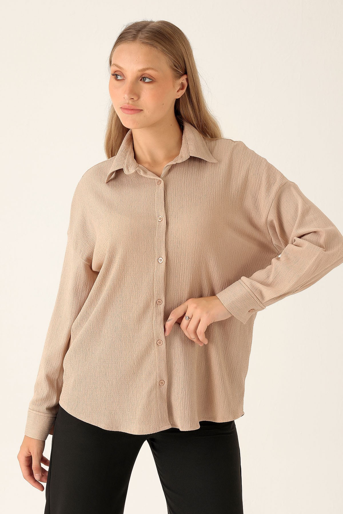 Oversize Bayan Gömlek - 6624A Bej