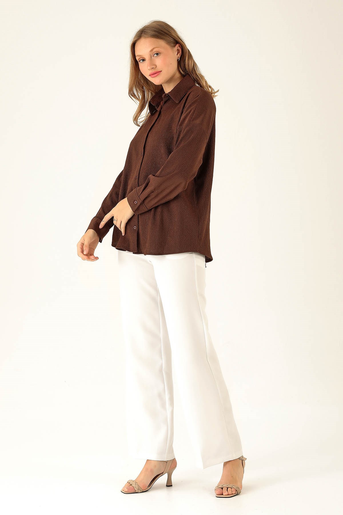 Oversize Bayan Gömlek - 6624A Kahve