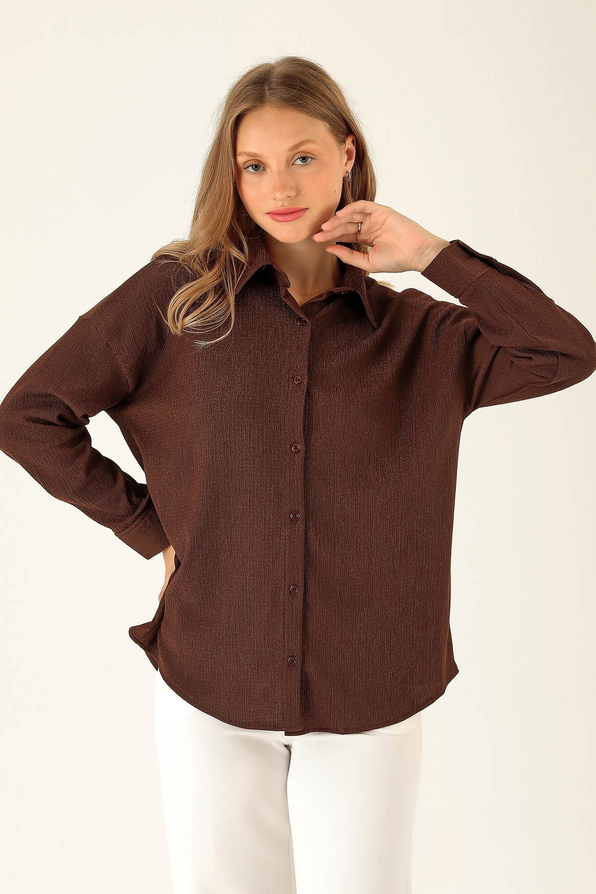 Oversize Bayan Gömlek - 6624A Kahve