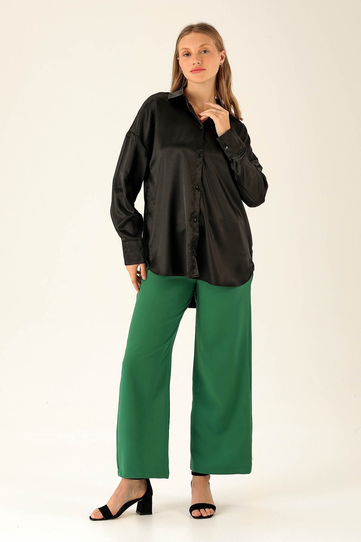 Oversize Saten Bayan Gömlek - 1638 Siyah