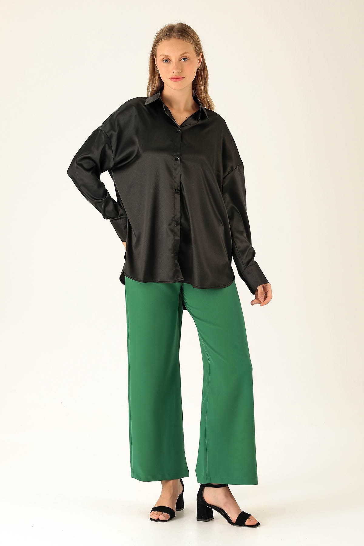 Oversize Saten Bayan Gömlek - 1638 Siyah