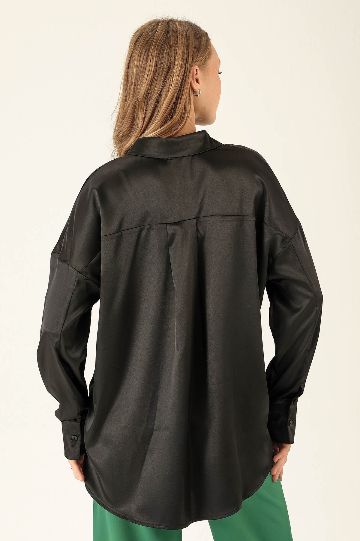 Oversize Saten Bayan Gömlek - 1638 Siyah