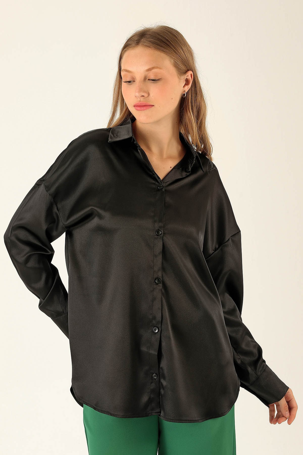 Oversize Saten Bayan Gömlek - 1638 Siyah