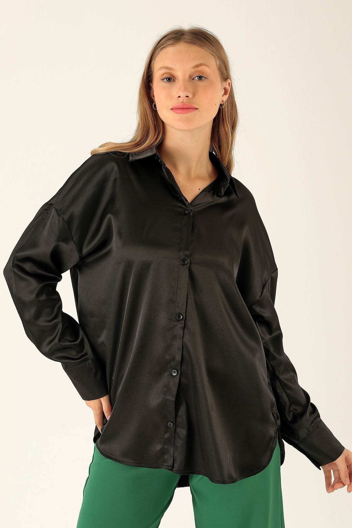 Oversize Saten Bayan Gömlek - 1638 Siyah