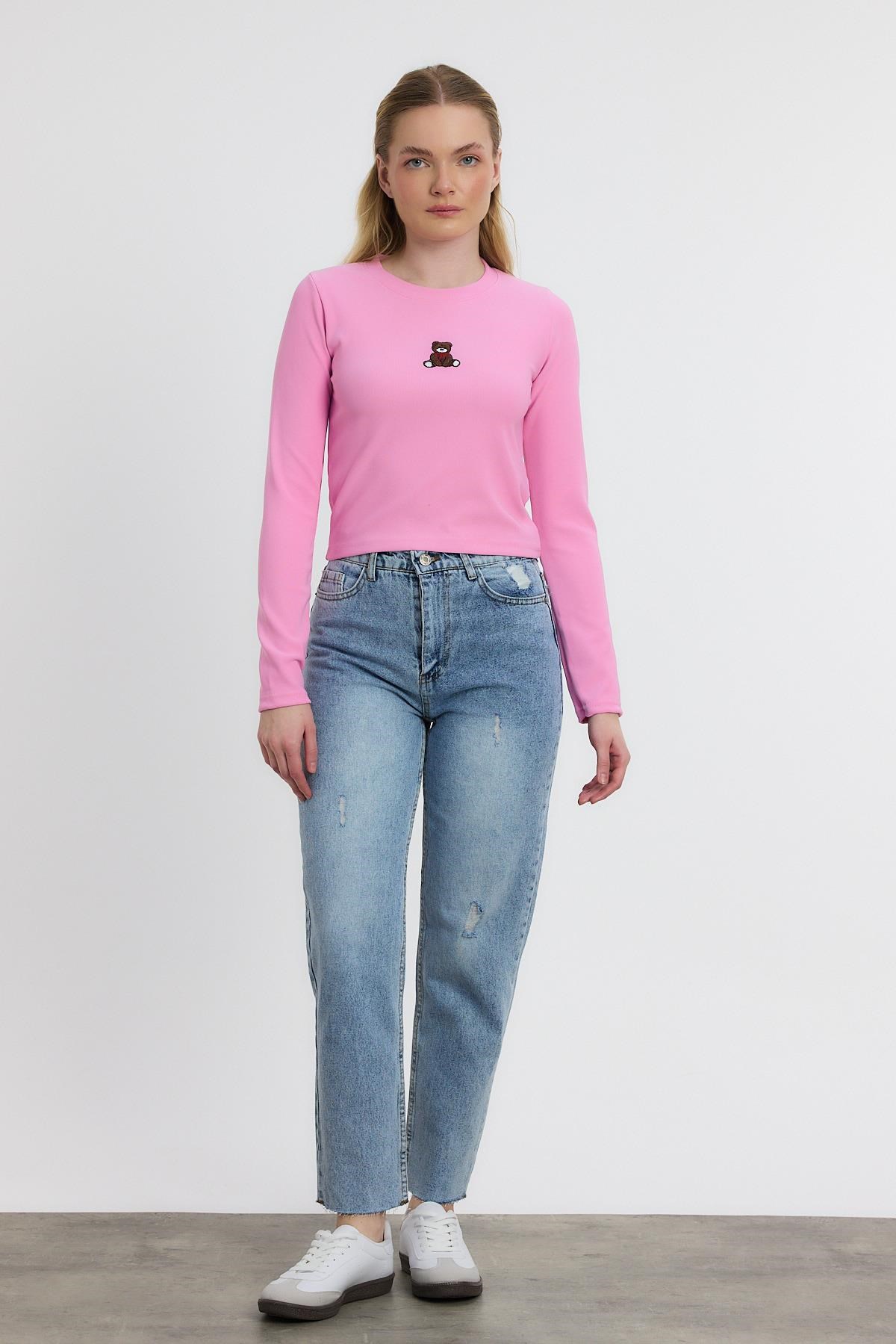 Pembe Ayıcık Nakışlı Bisiklet Yaka Bluz 2200