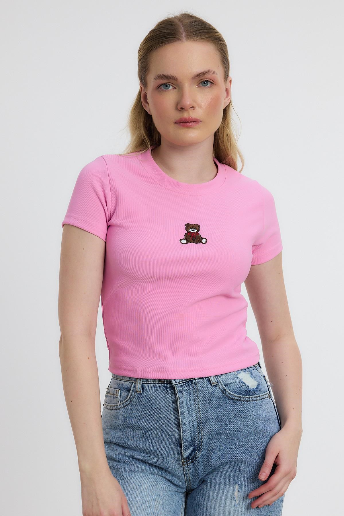 Pembe Ayıcık Nakışlı Kısa Kol Bluz 2199