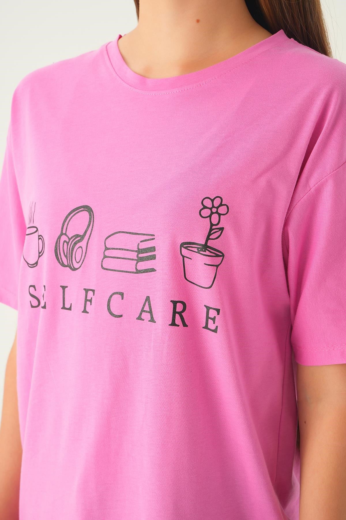 Pembe Baskılı Oversize Tişört 1716
