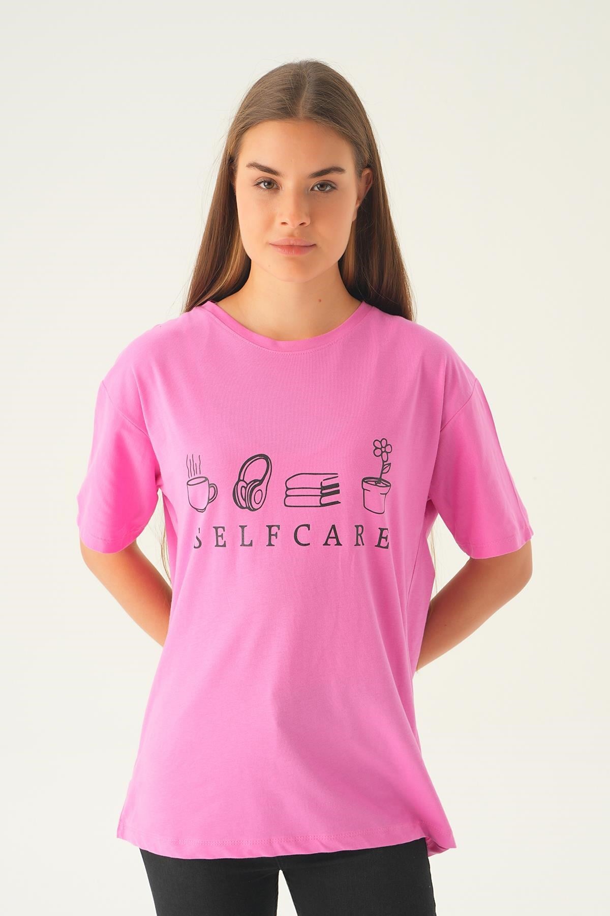 Pembe Baskılı Oversize Tişört 1716