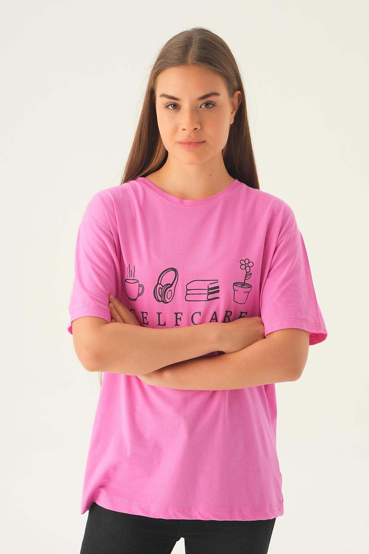 Pembe Baskılı Oversize Tişört 1716