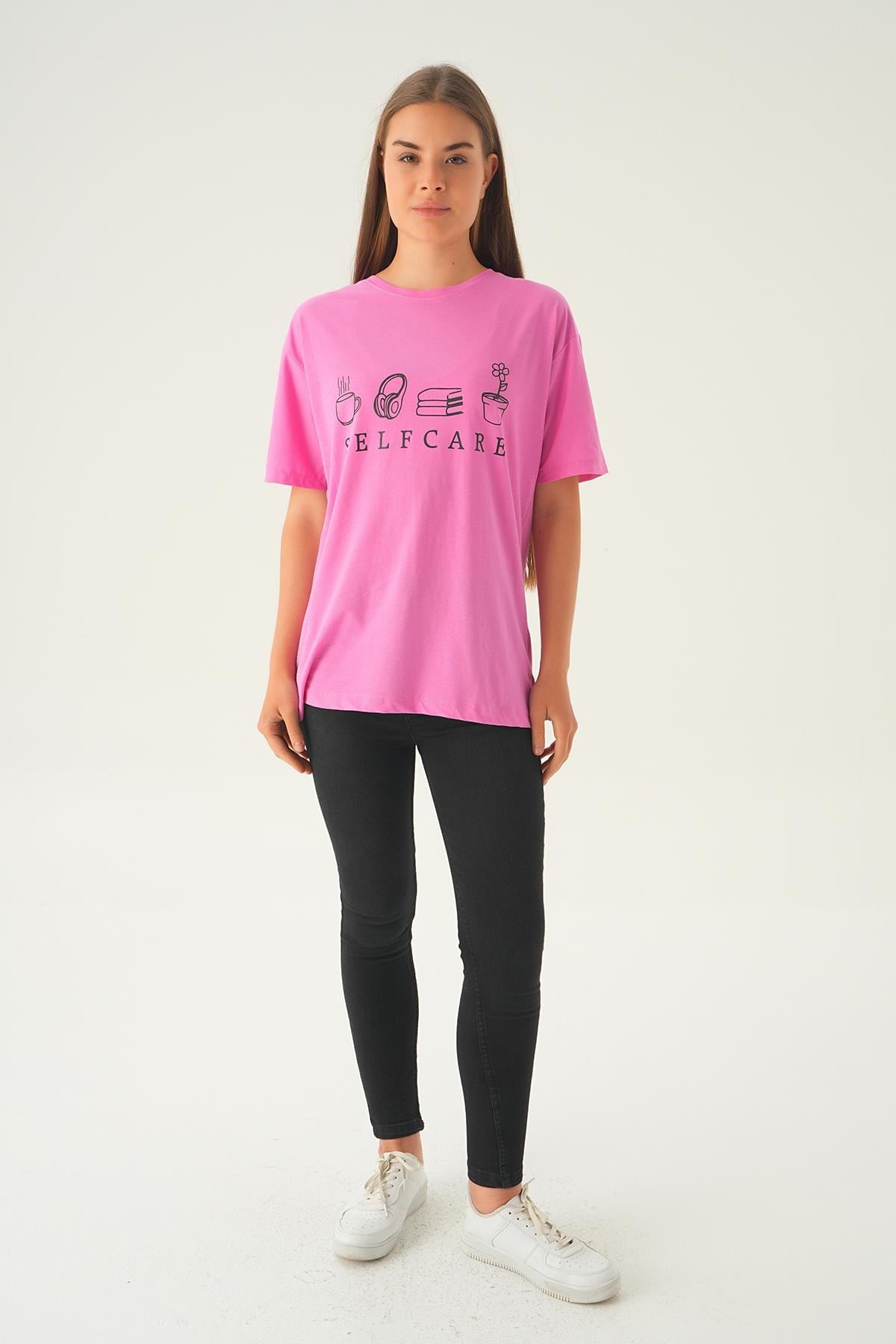 Pembe Baskılı Oversize Tişört 1716