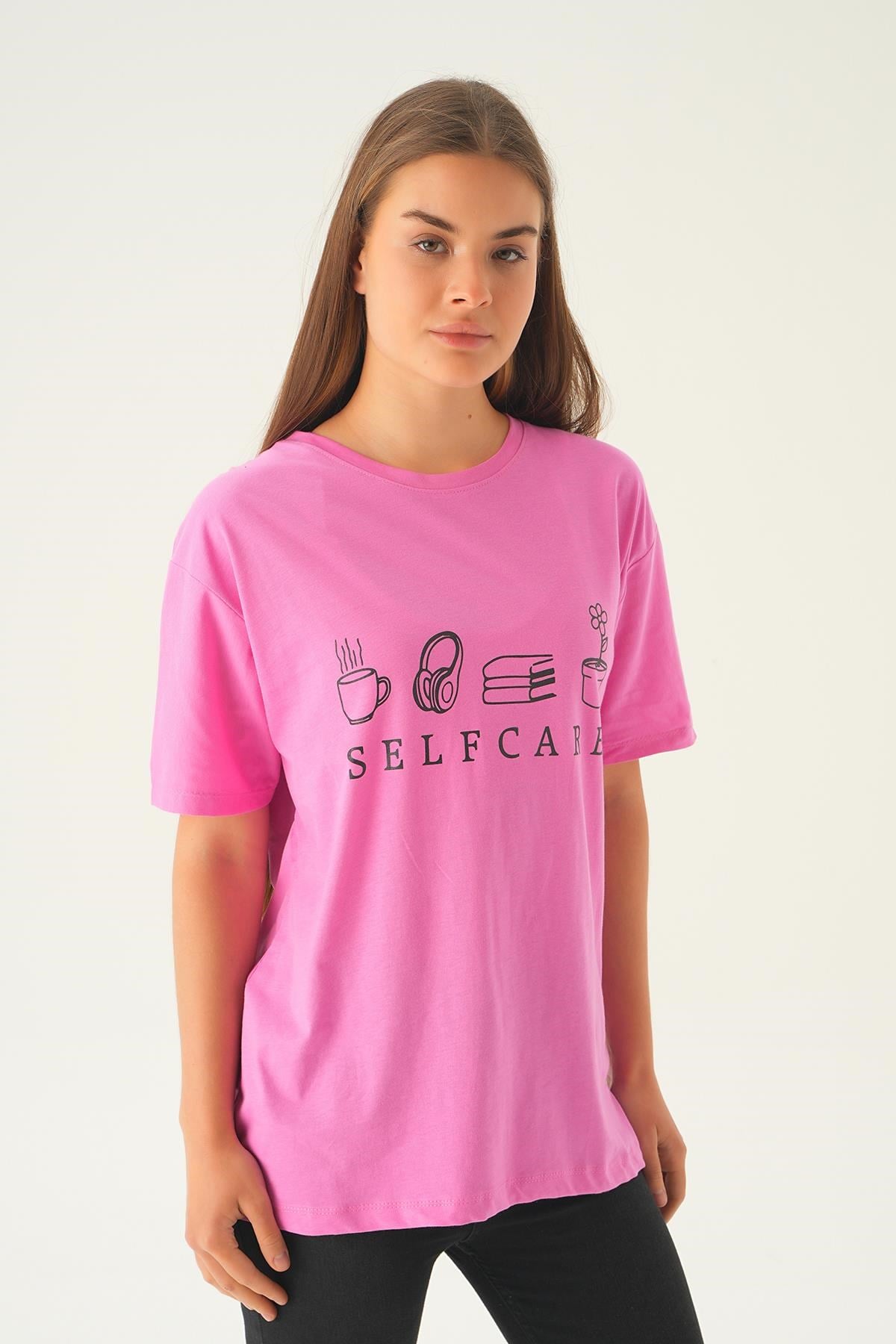 Pembe Baskılı Oversize Tişört 1716