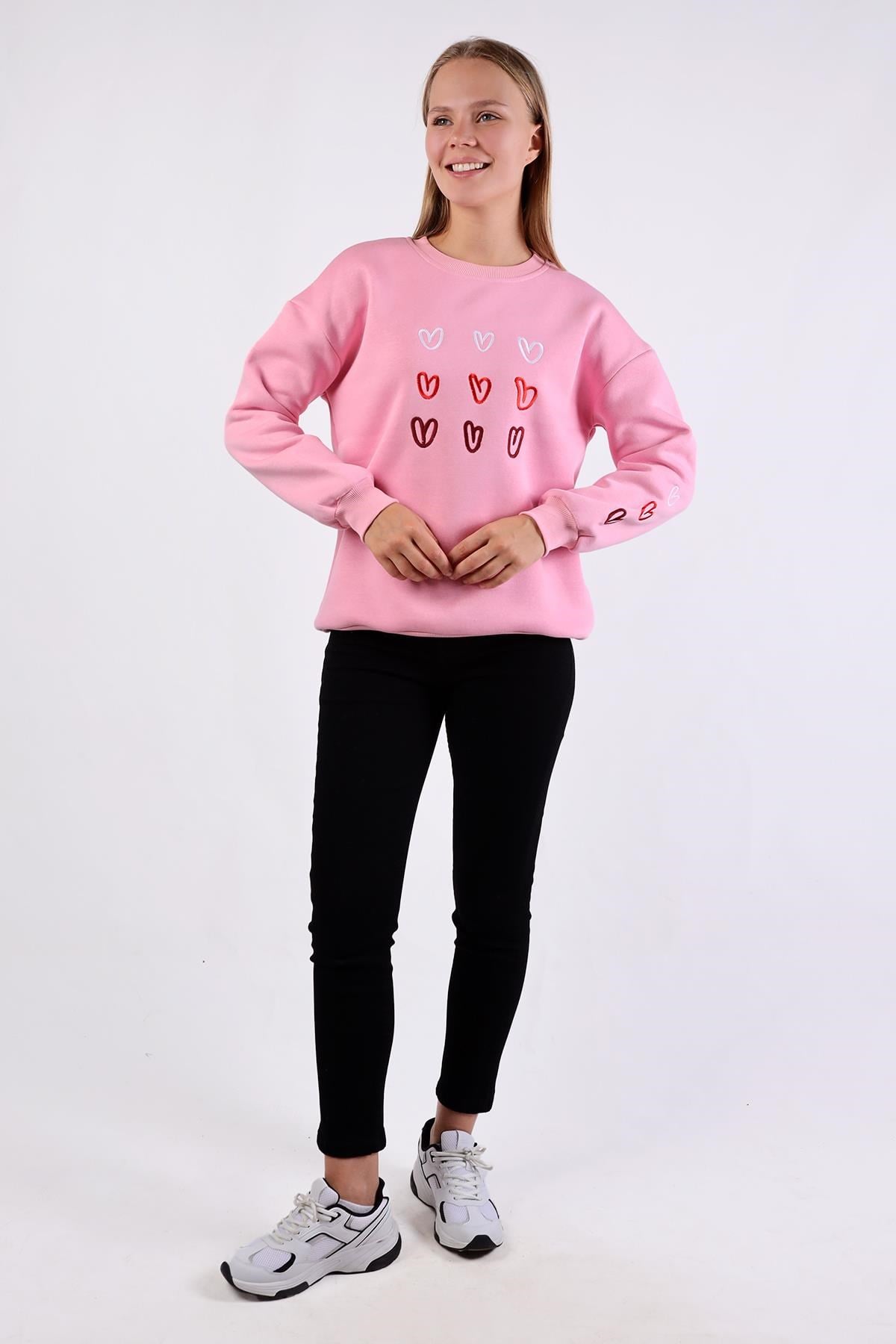 Pembe Bisiklet Yaka Kalp Nakışlı Sweat 9175M