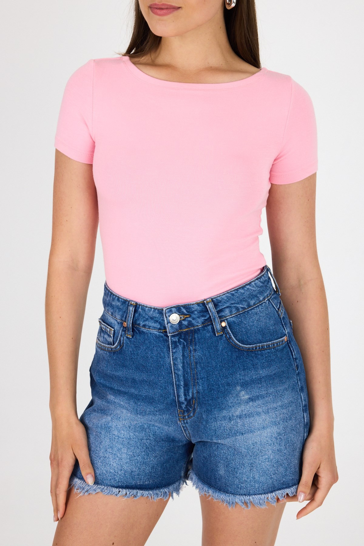 Pembe Bisiklet Yaka Viskoz/Yumuşak Kumaş Tişört 1469