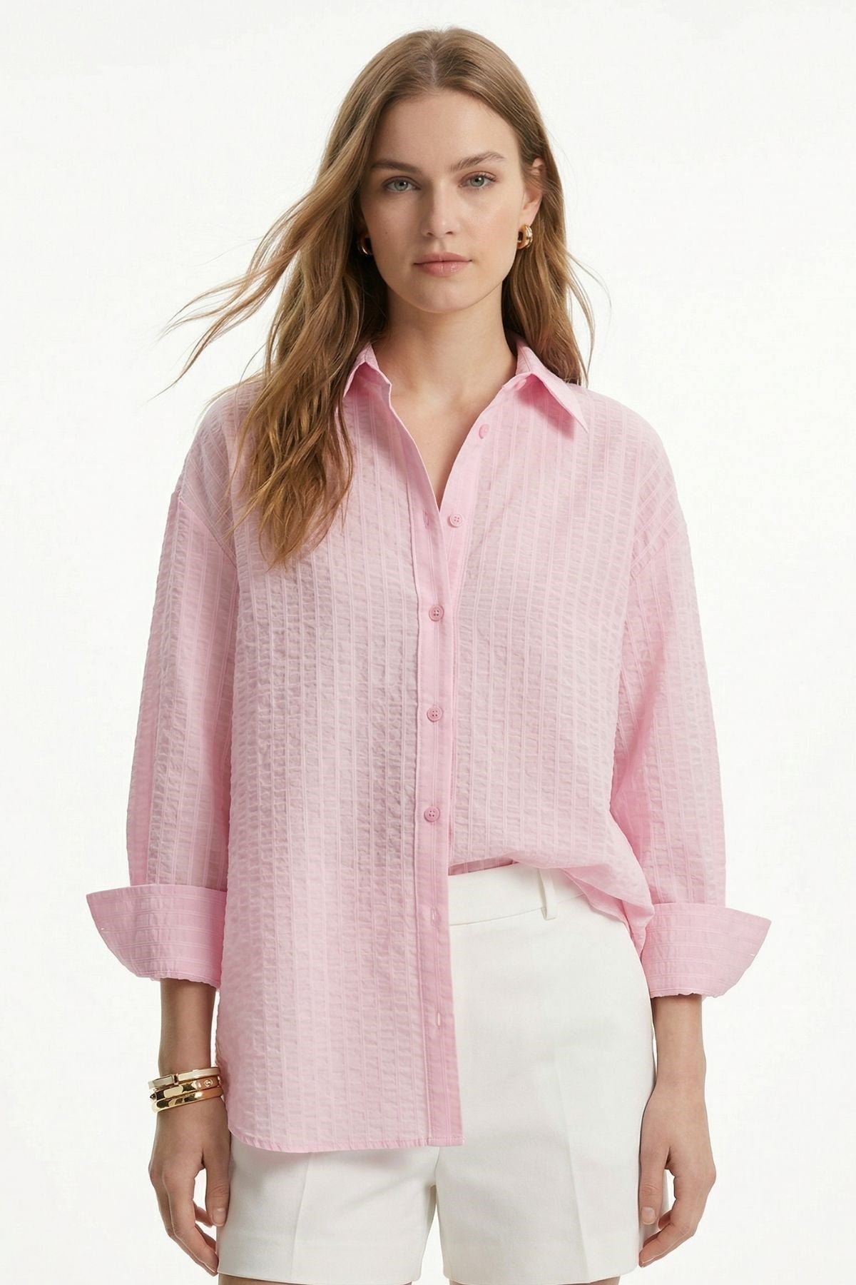 Pembe Çizgili Oversize Gömlek 5460