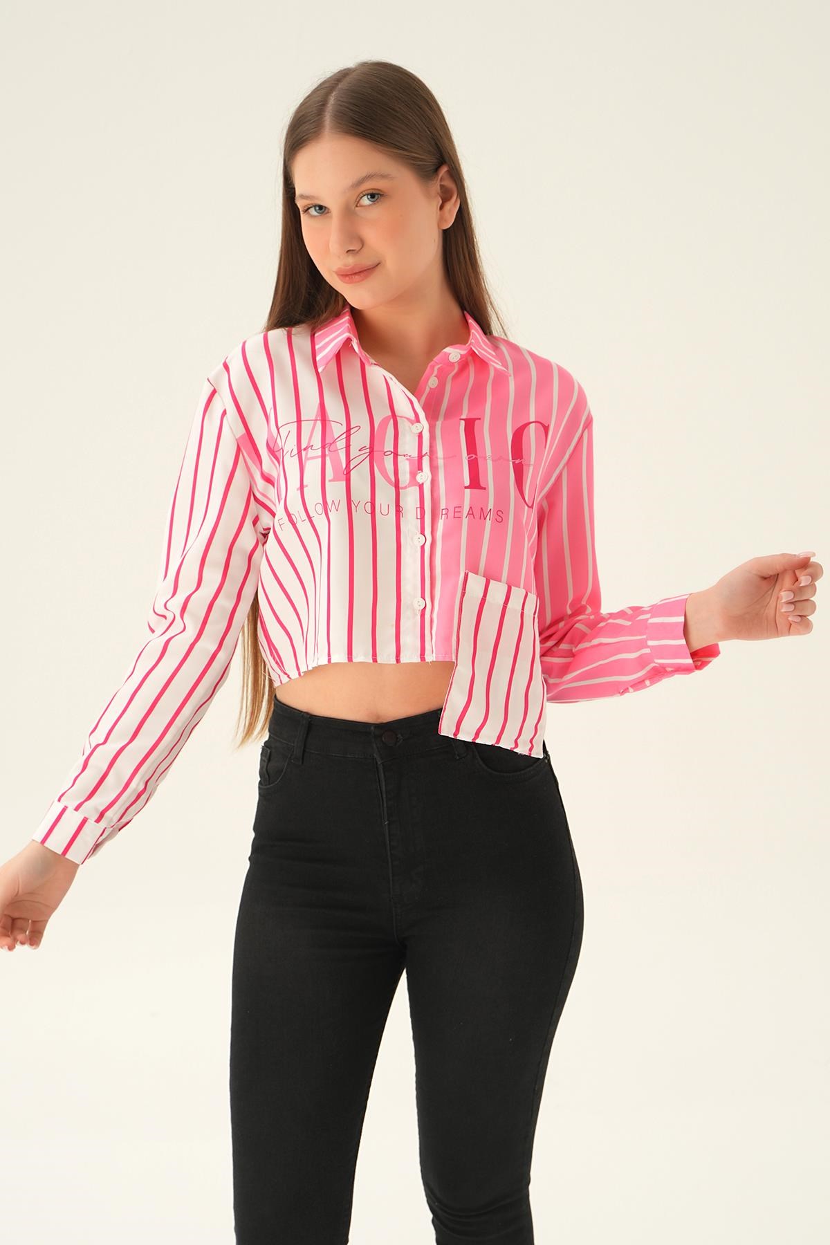 Pembe Crop Çizgili Gömlek 71482