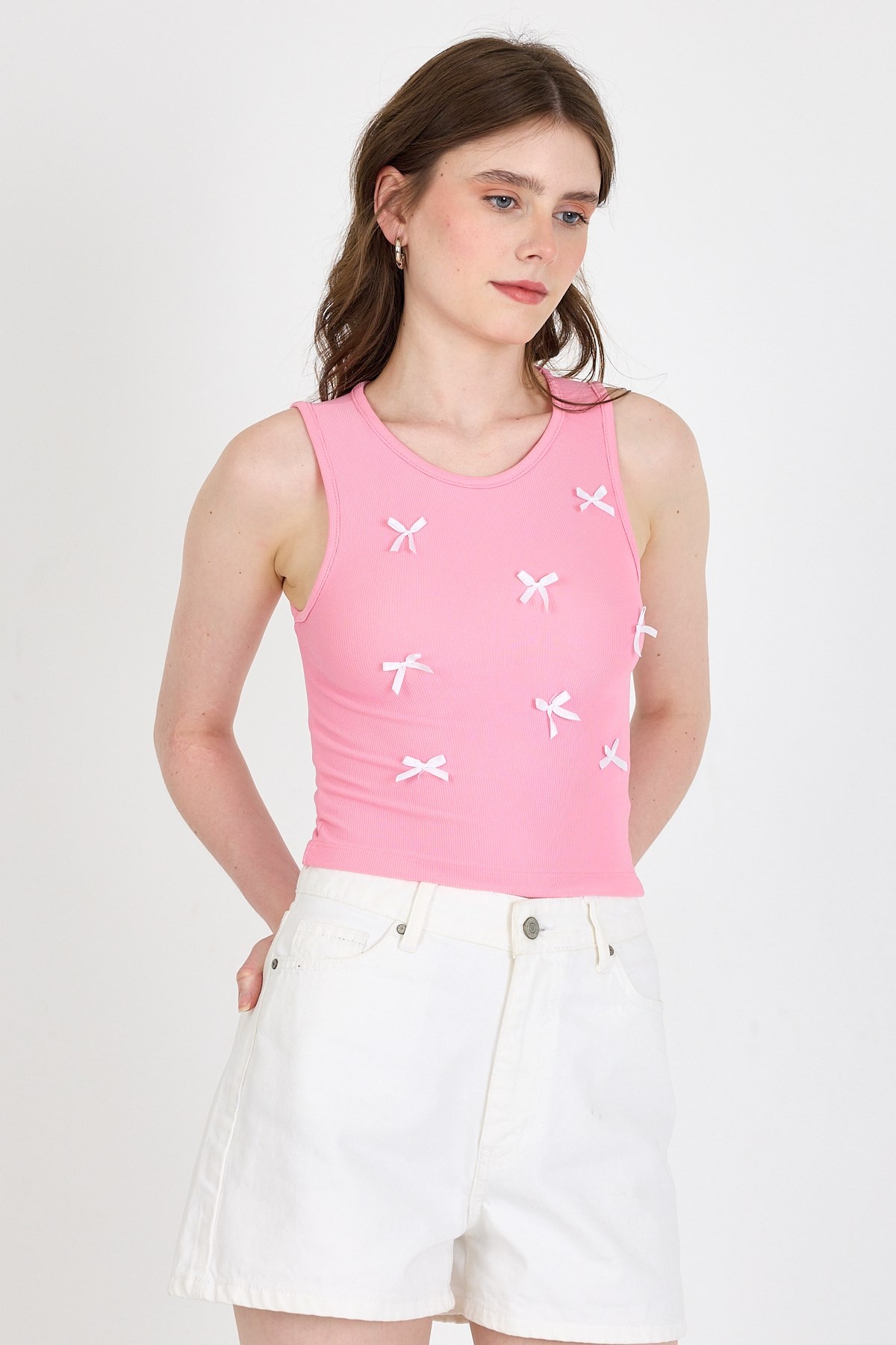 Pembe Fiyonk İşlemeli Crop Örme Atlet 0849