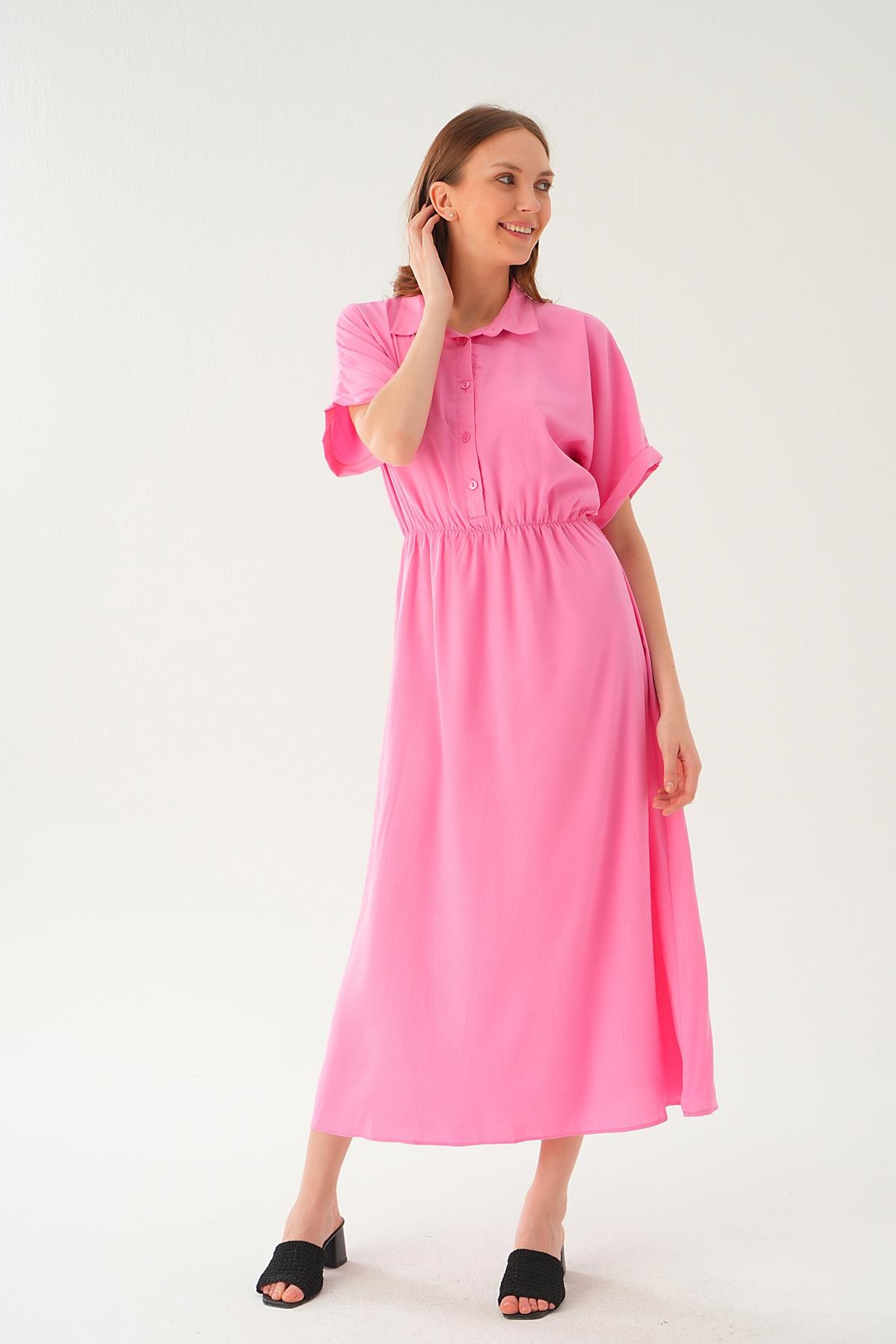 Pembe Gömlek Yaka Elbise 8663