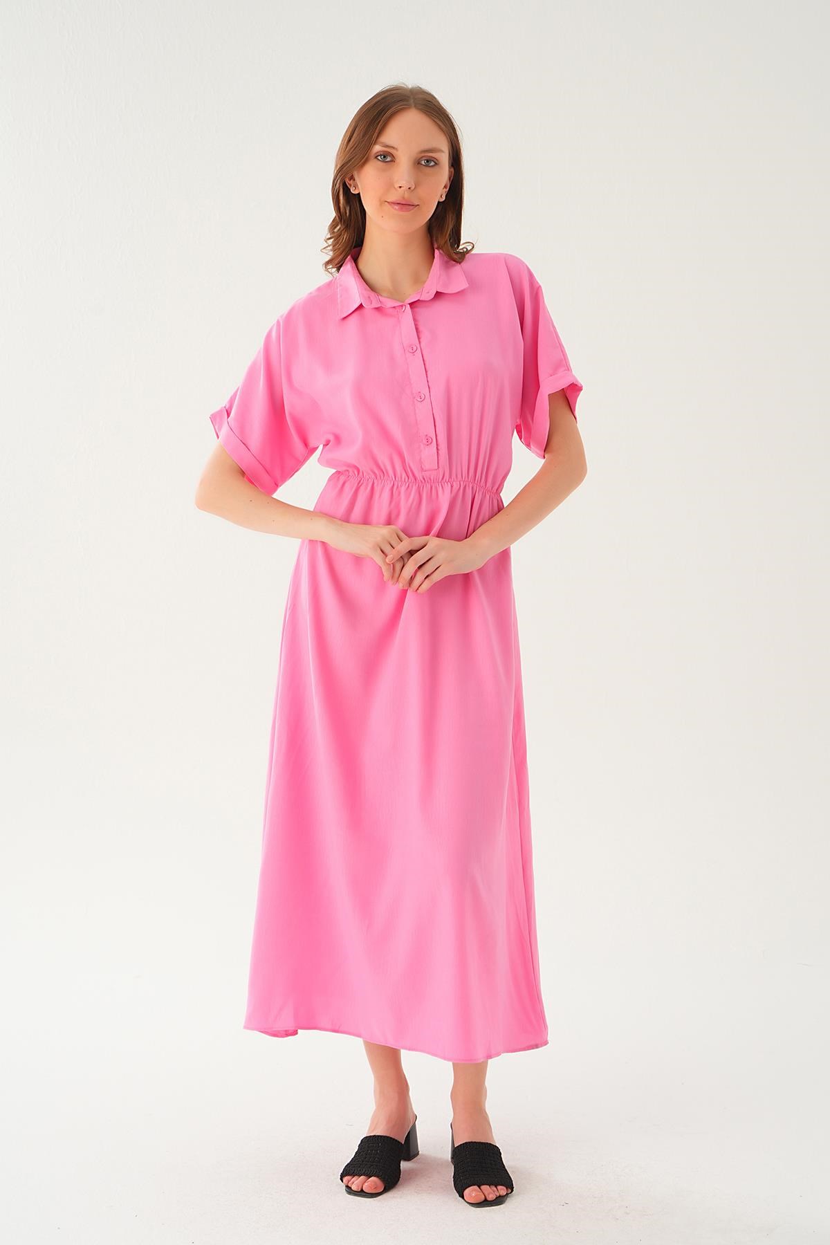 Pembe Gömlek Yaka Elbise 8663