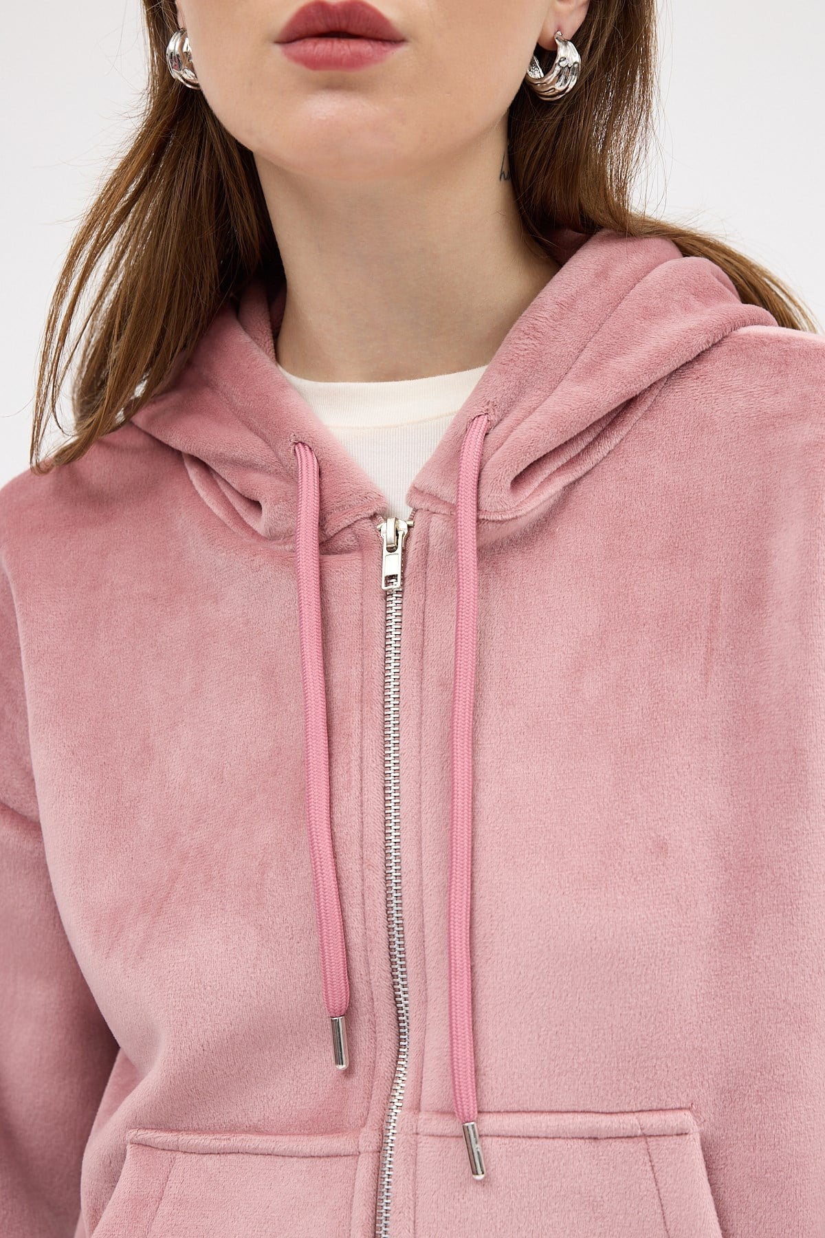 Pembe Kadın Fermuarlı Kapüşonlu Sweatshirt 3059A