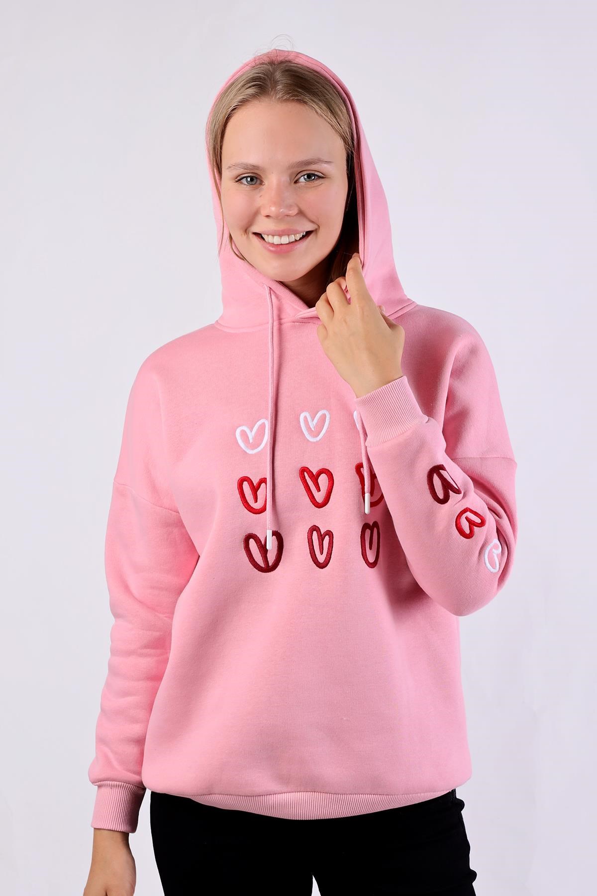 Pembe Kalp Nakışlı Sweat 9154M