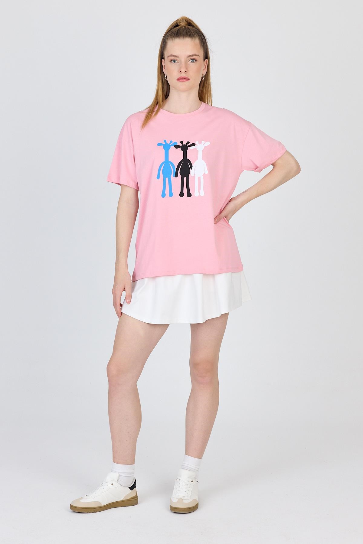 Pembe Oversize Zürafa Baskılı Tişört 2150-12M