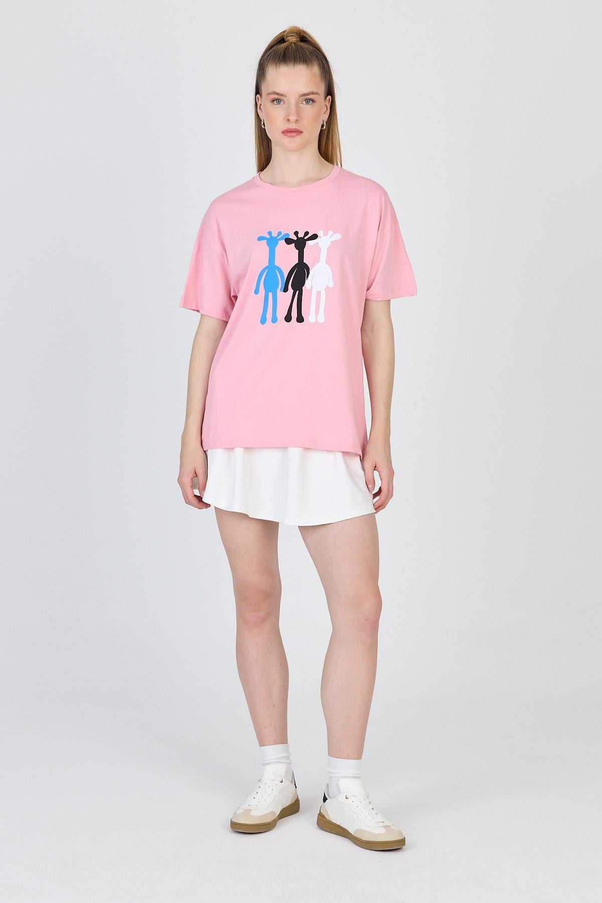 Pembe Oversize Zürafa Baskılı Tişört 2150-12M