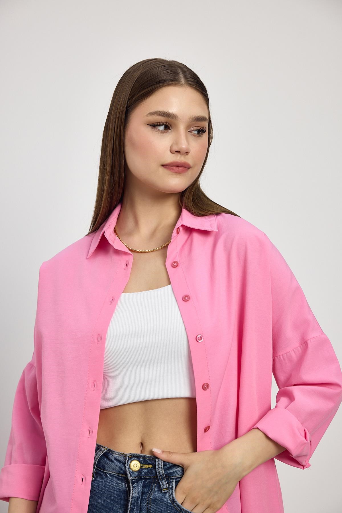 Pembe Relaxed Fit Rahat Kesim Basic Gömlek - 6621A