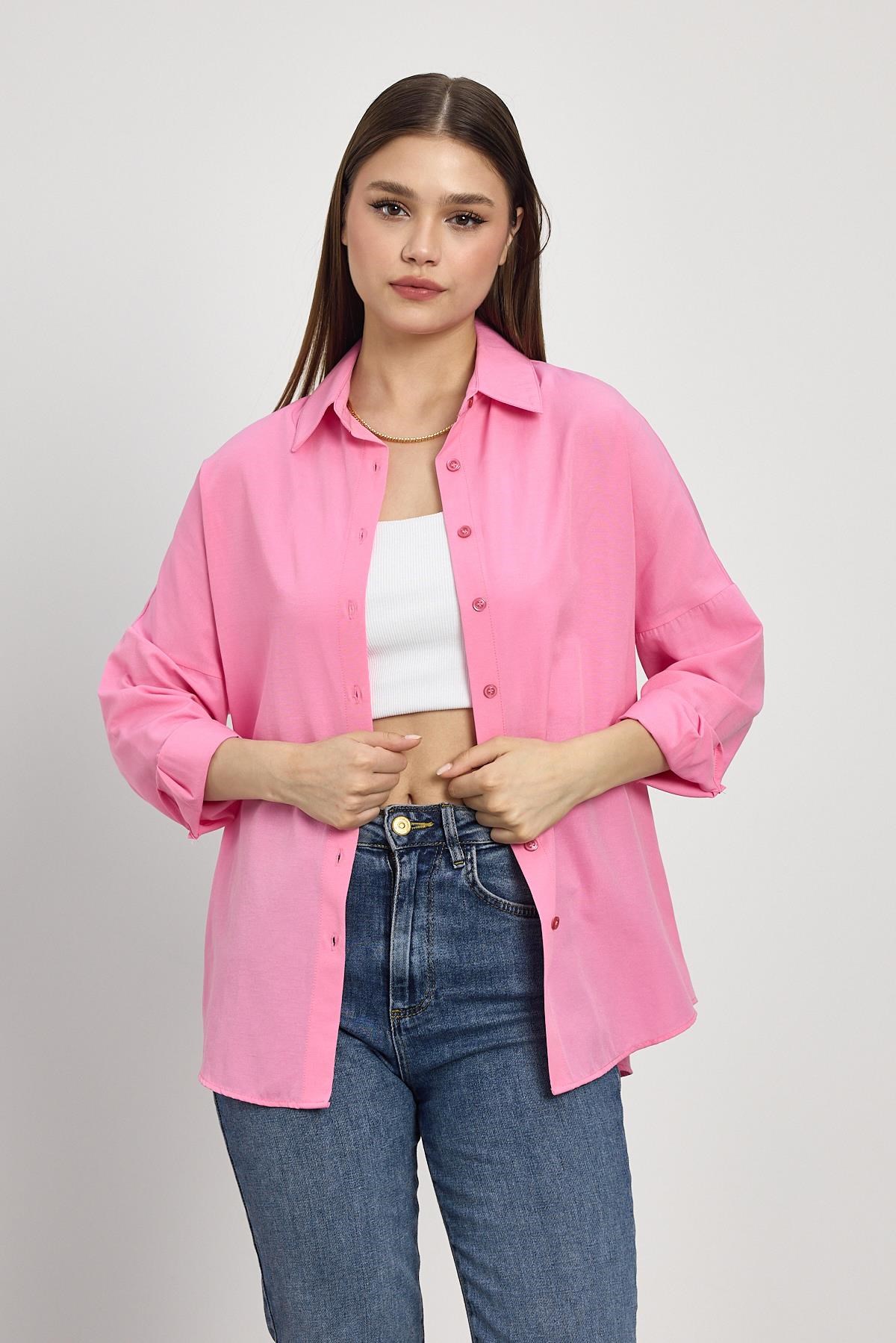 Pembe Relaxed Fit Rahat Kesim Basic Gömlek - 6621A