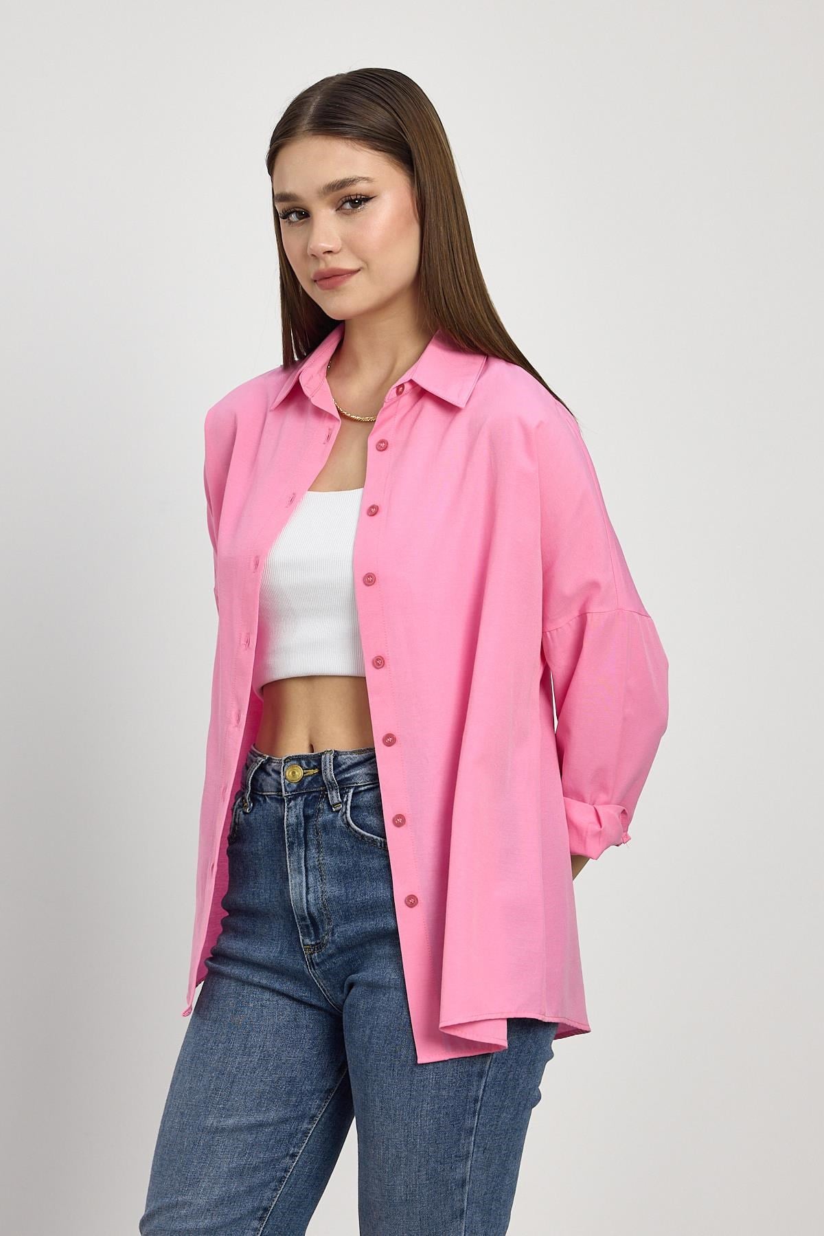 Pembe Relaxed Fit Rahat Kesim Basic Gömlek - 6621A