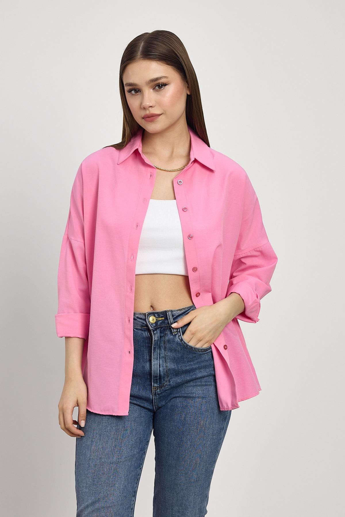 Pembe Relaxed Fit Rahat Kesim Basic Gömlek - 6621A
