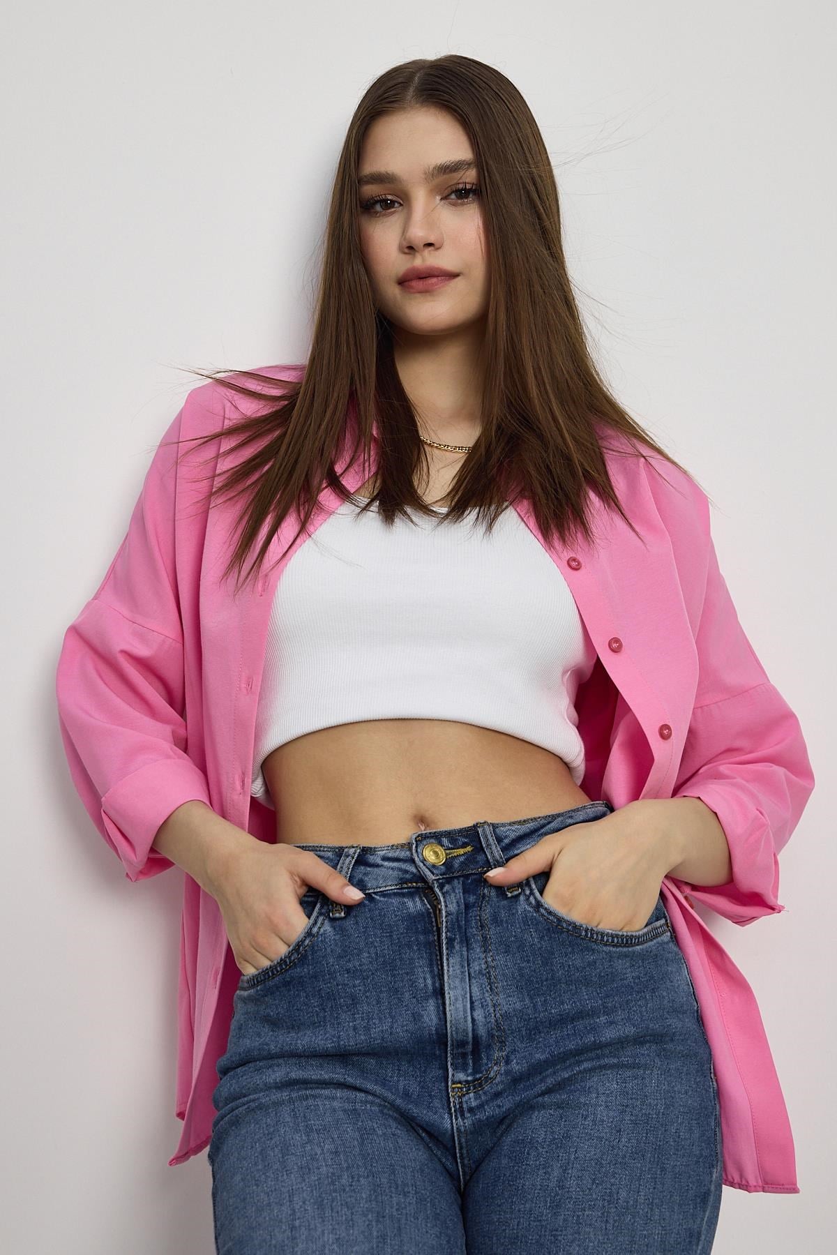 Pembe Relaxed Fit Rahat Kesim Basic Gömlek - 6621A