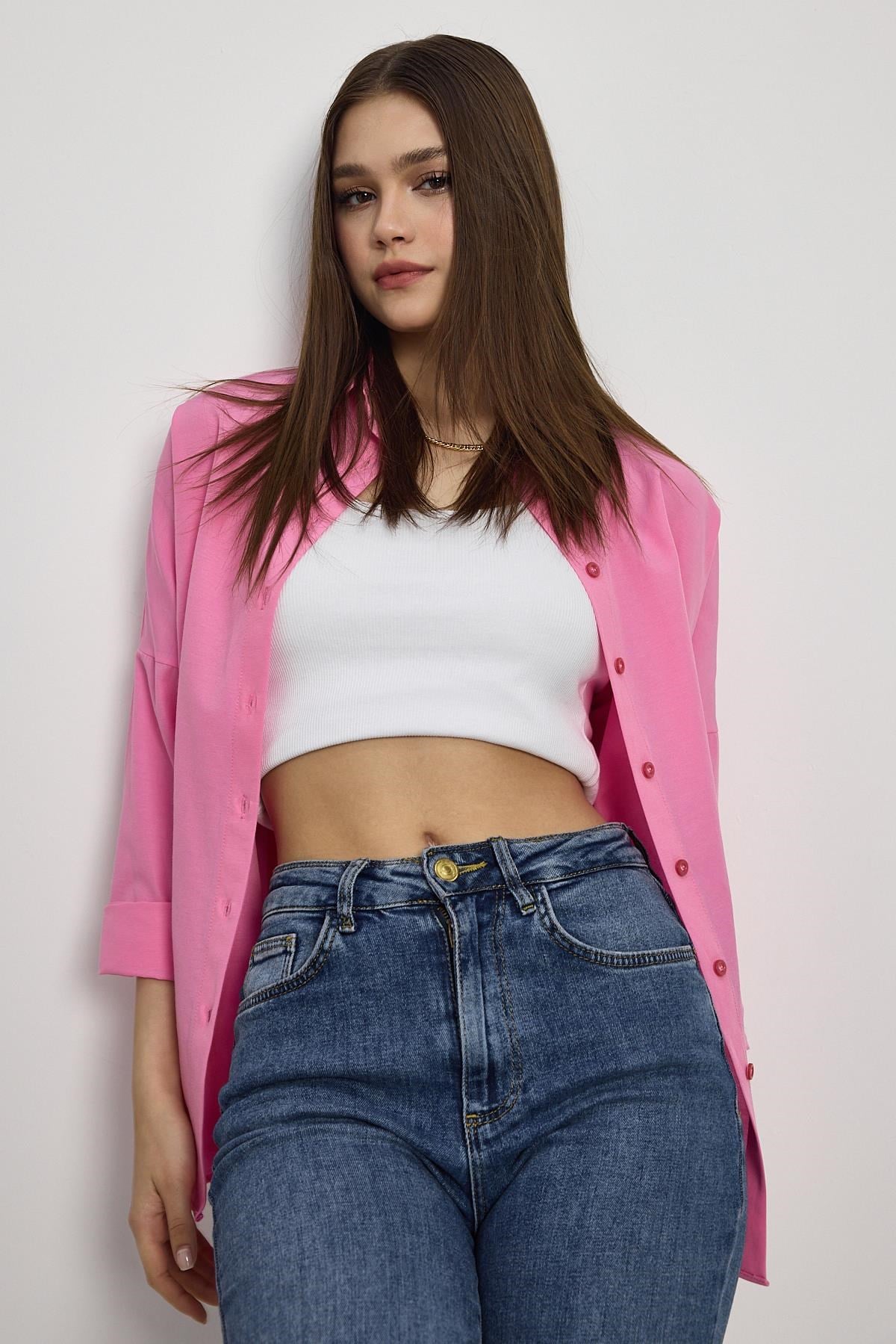 Pembe Relaxed Fit Rahat Kesim Basic Gömlek - 6621A