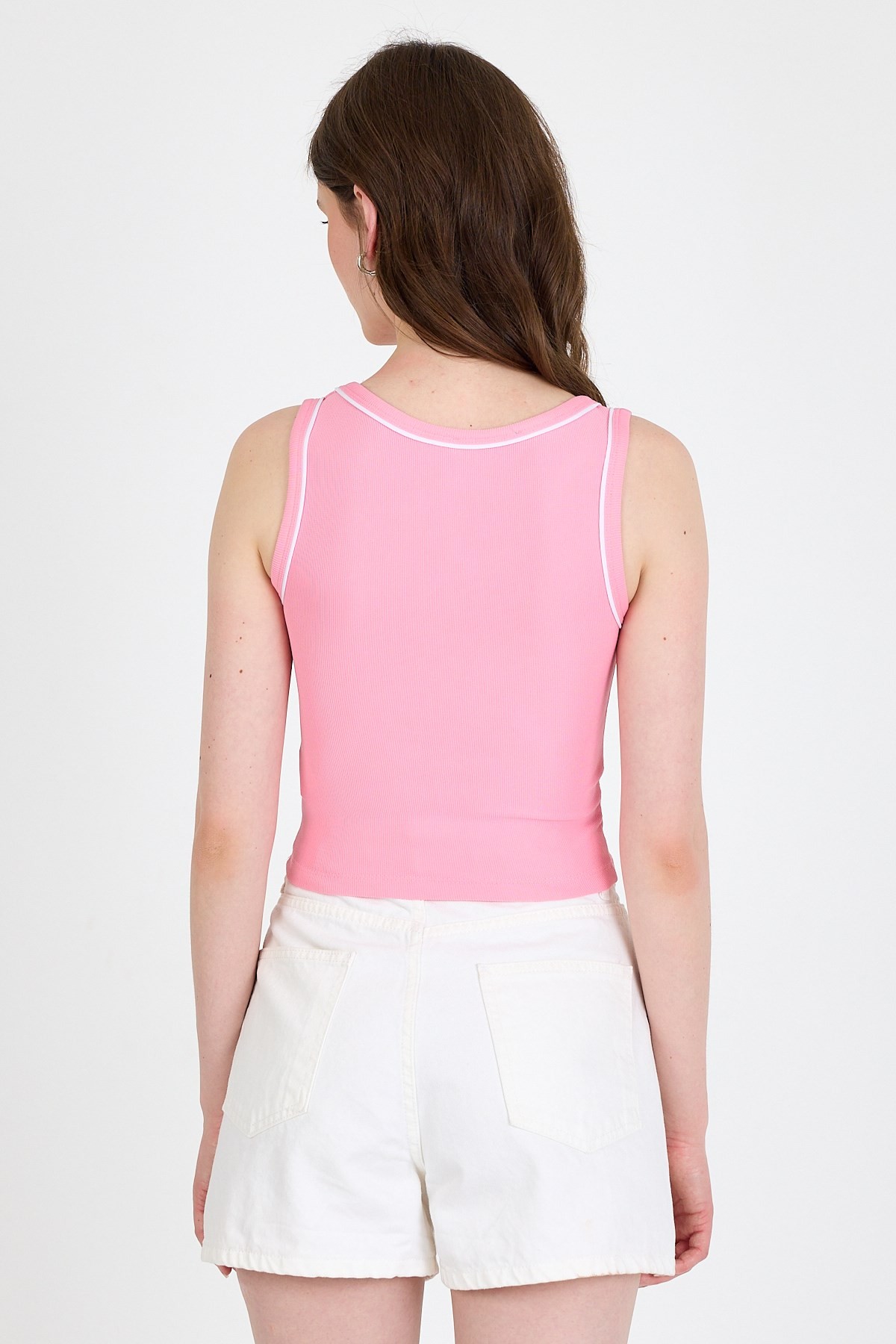 Pembe Şerit Detaylı Örme Crop Atlet 1049