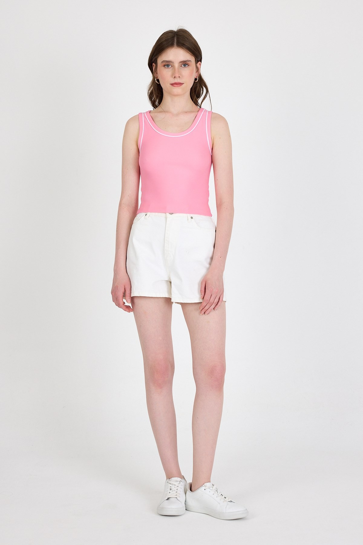 Pembe Şerit Detaylı Örme Crop Atlet 1049