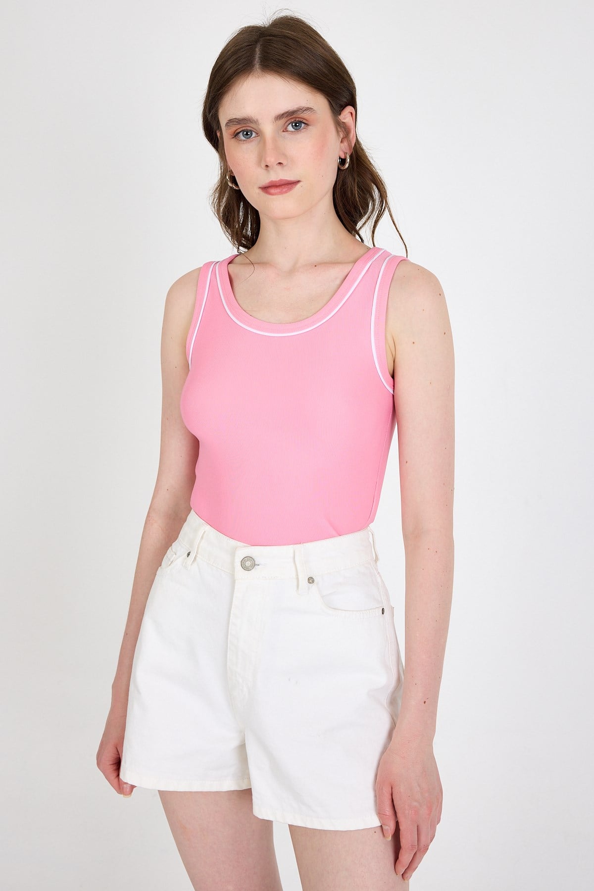 Pembe Şerit Detaylı Örme Crop Atlet 1049