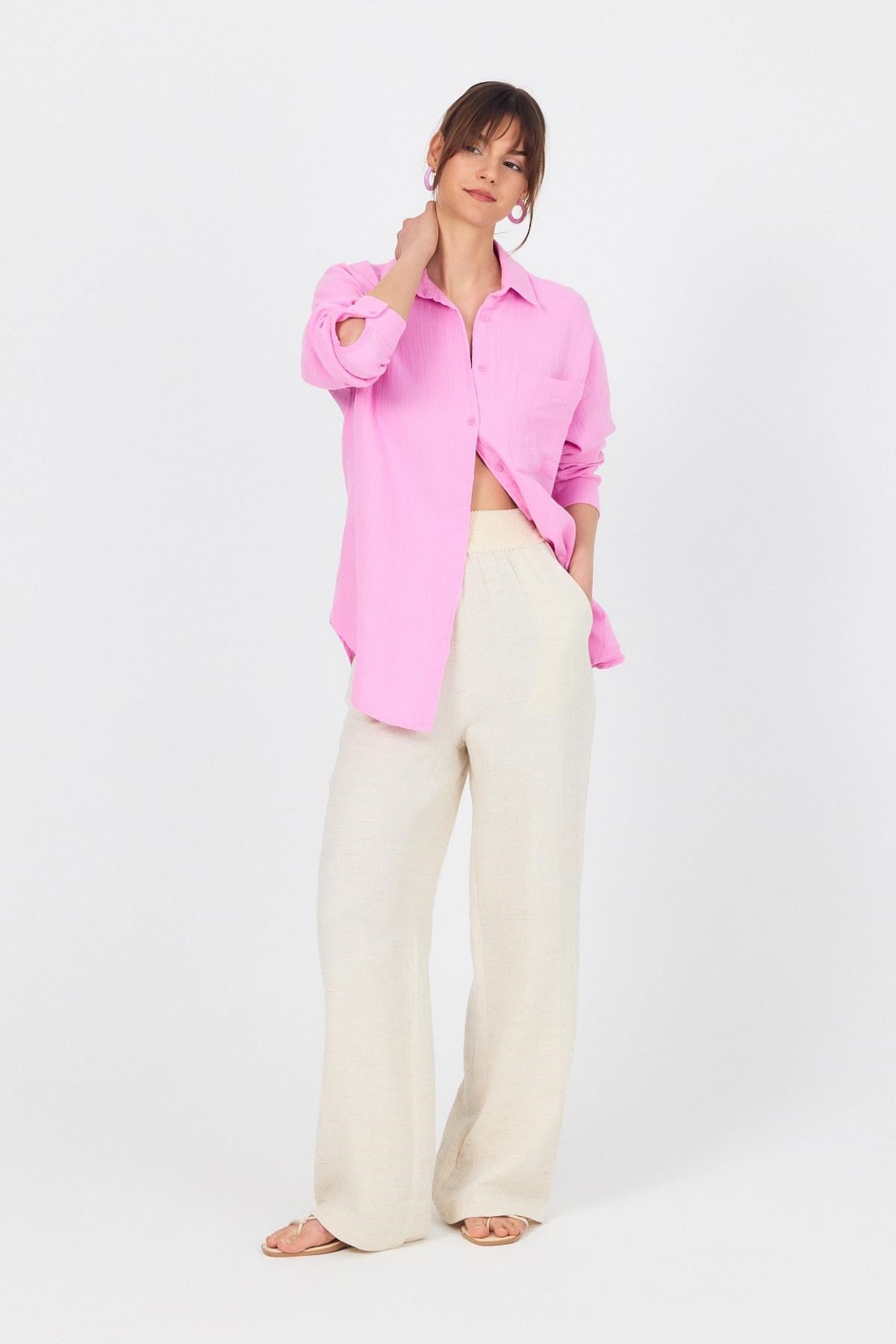 Pembe Tek Cepli %100 Pamuk Oversize Müslin Gömlek 4697A