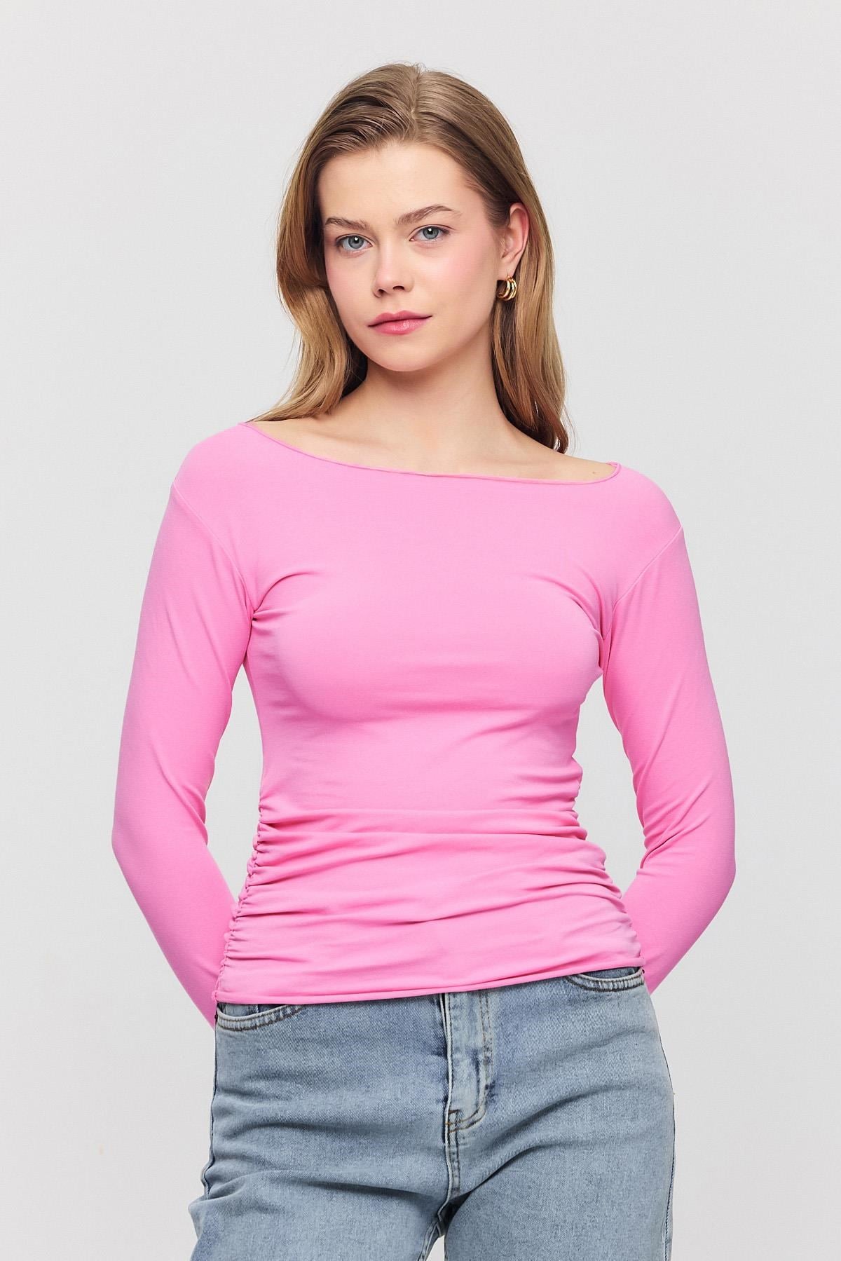 Pembe Yanları Büzgülü Bluz 3027