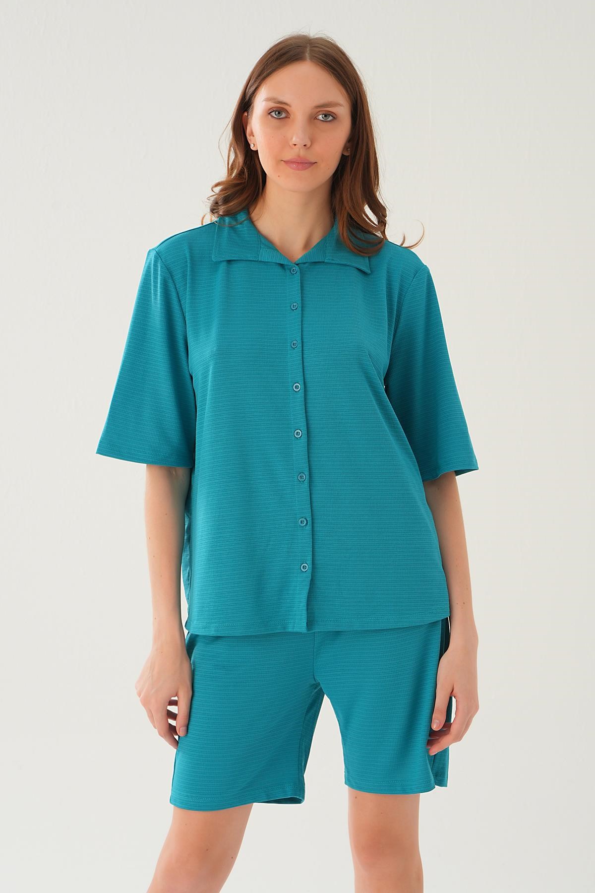 Petrol Gömlek Şort Takım 9031M