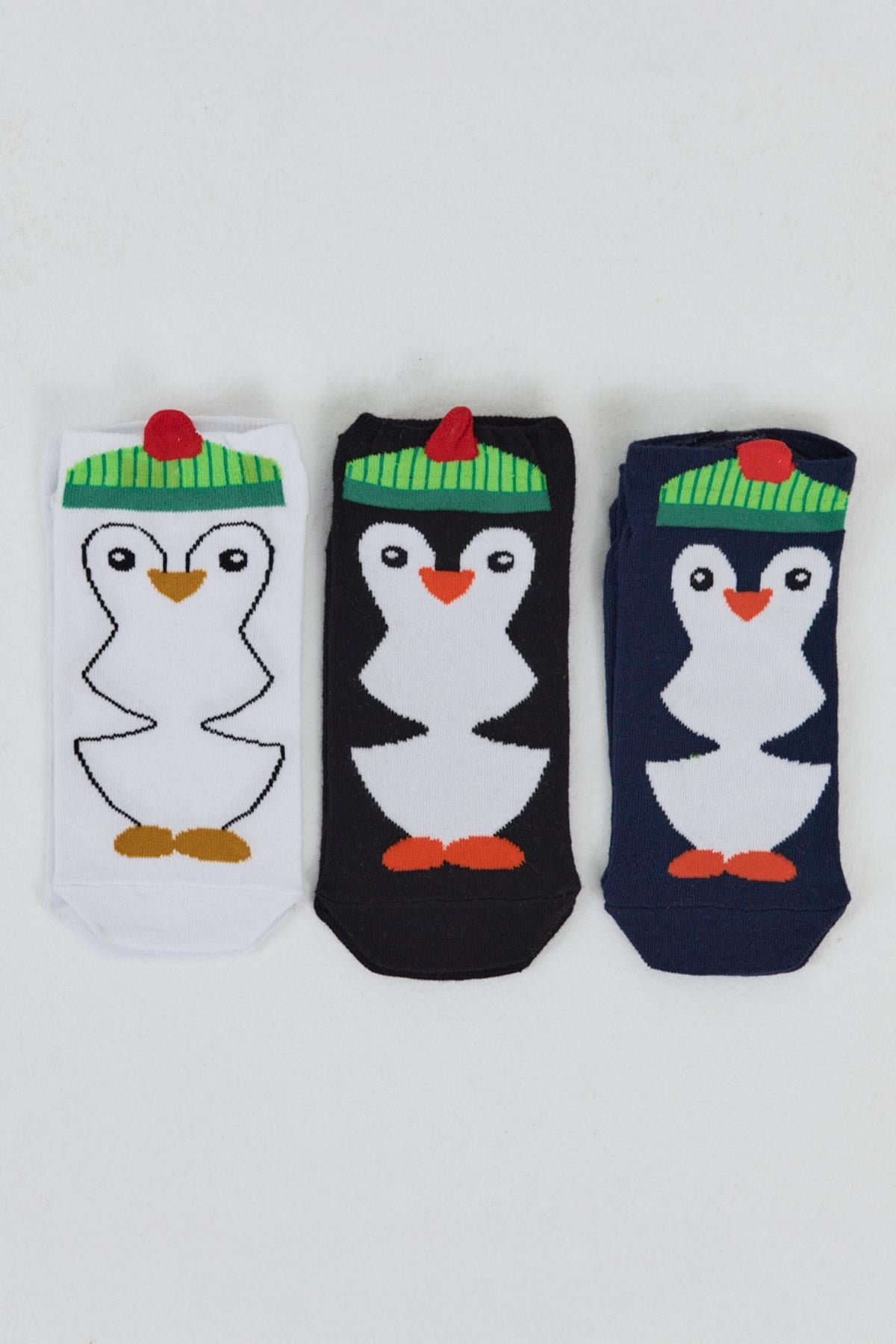 Renkli 3'lü Penguen Desenli Örme Patik Çorap 1104