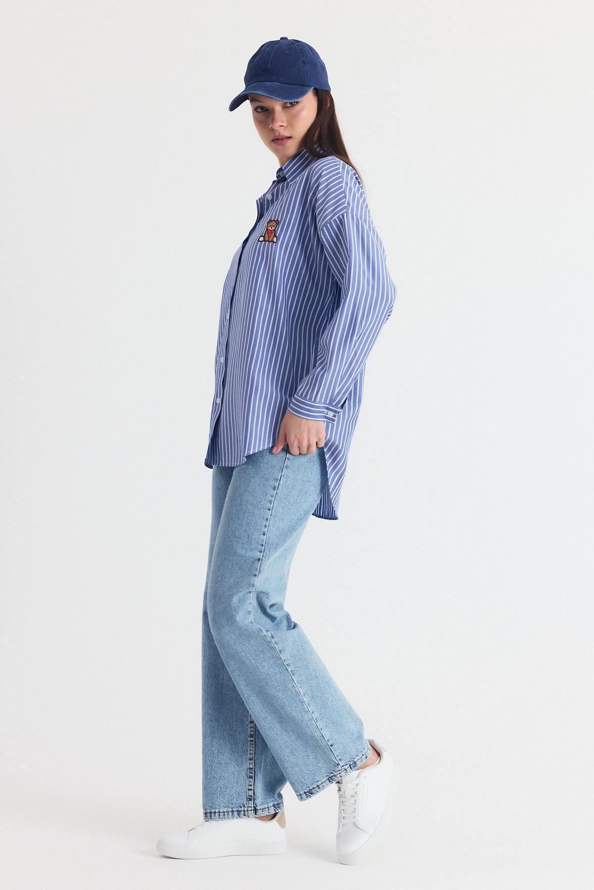 Saks Ayıcık Nakışlı Oversize Gömlek 4689A