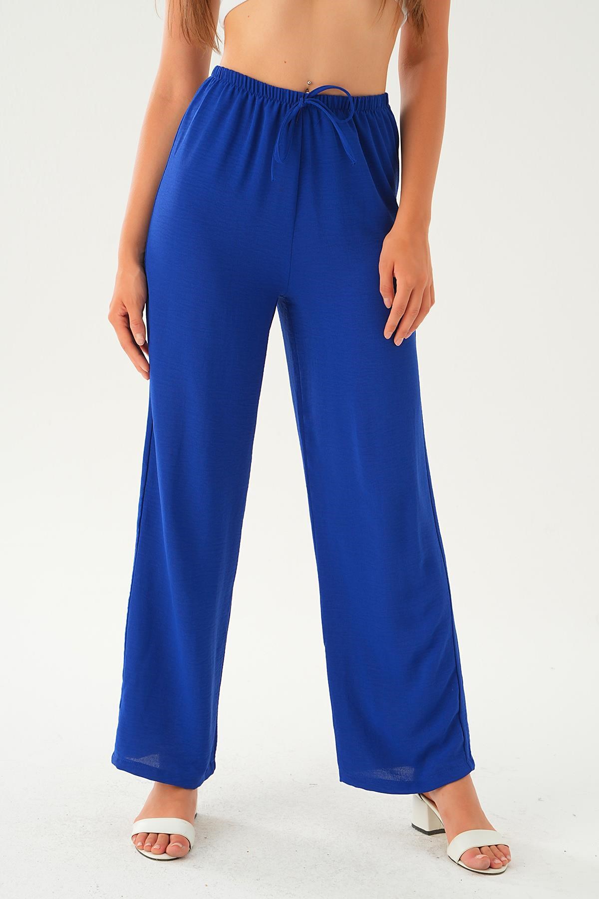 Saks Beli Lastikli Bol Paça Dokuma Pantolon 4284-1