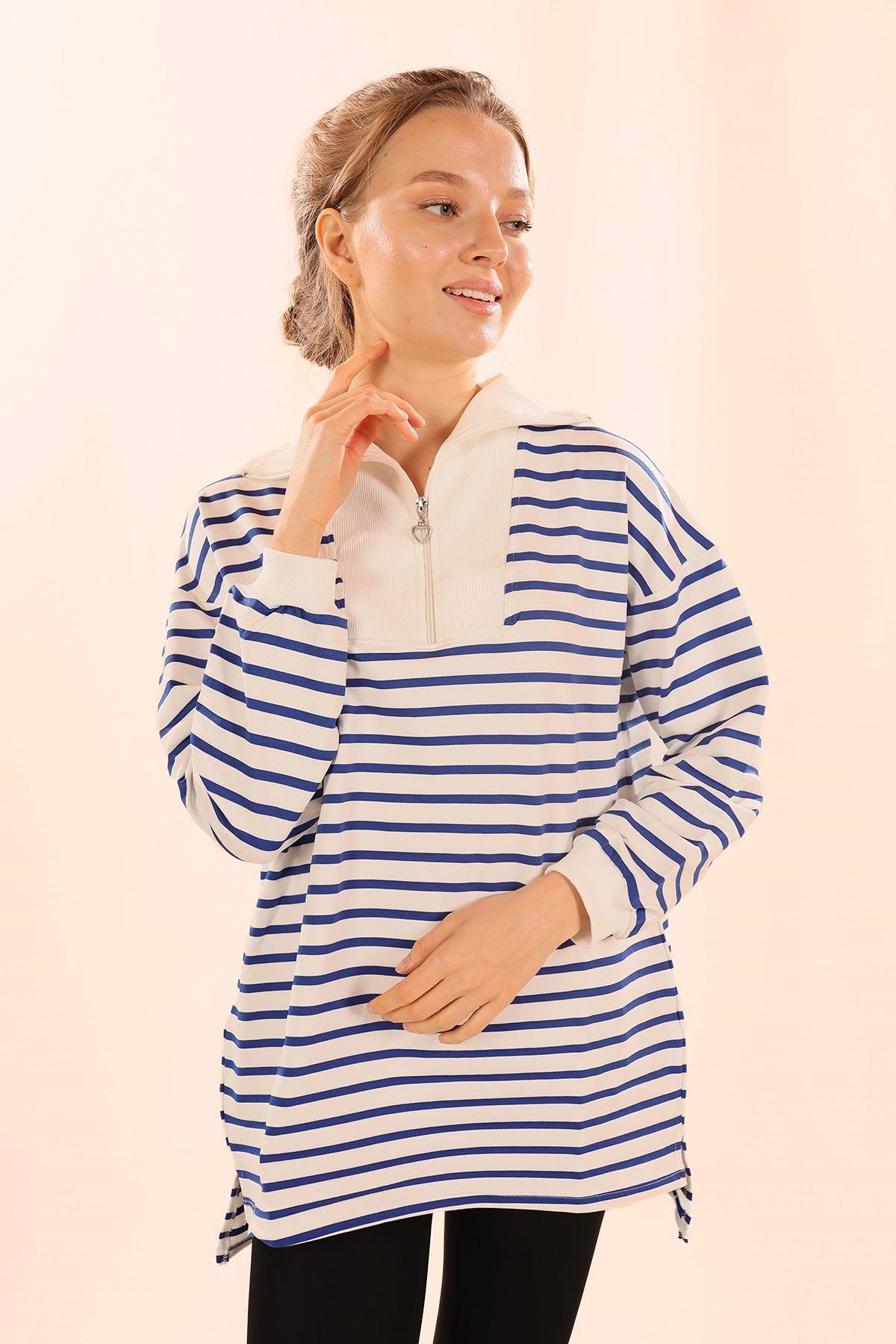 Saks Fermuarlı Çizgili Sweat 6861