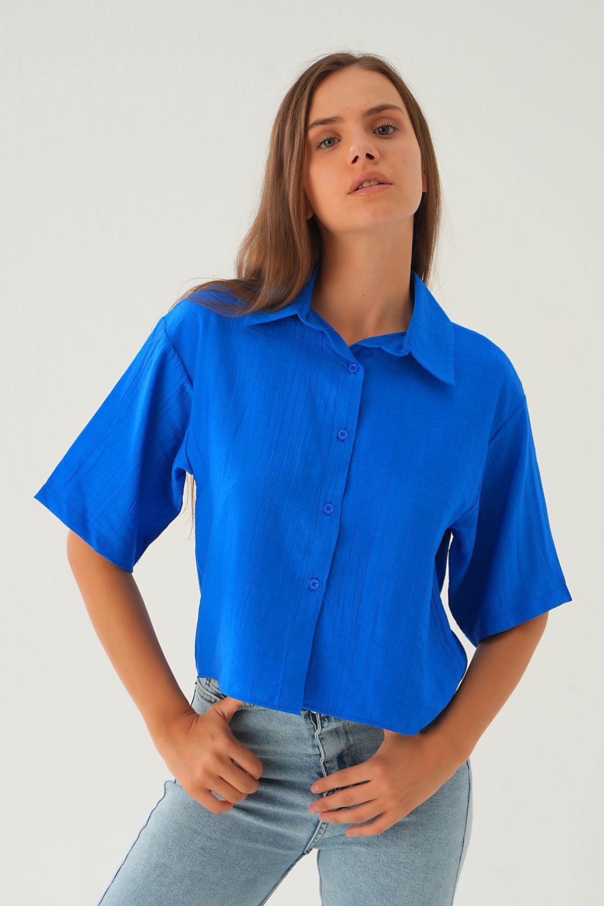 Saks Oversize Kısa Gömlek 4159A