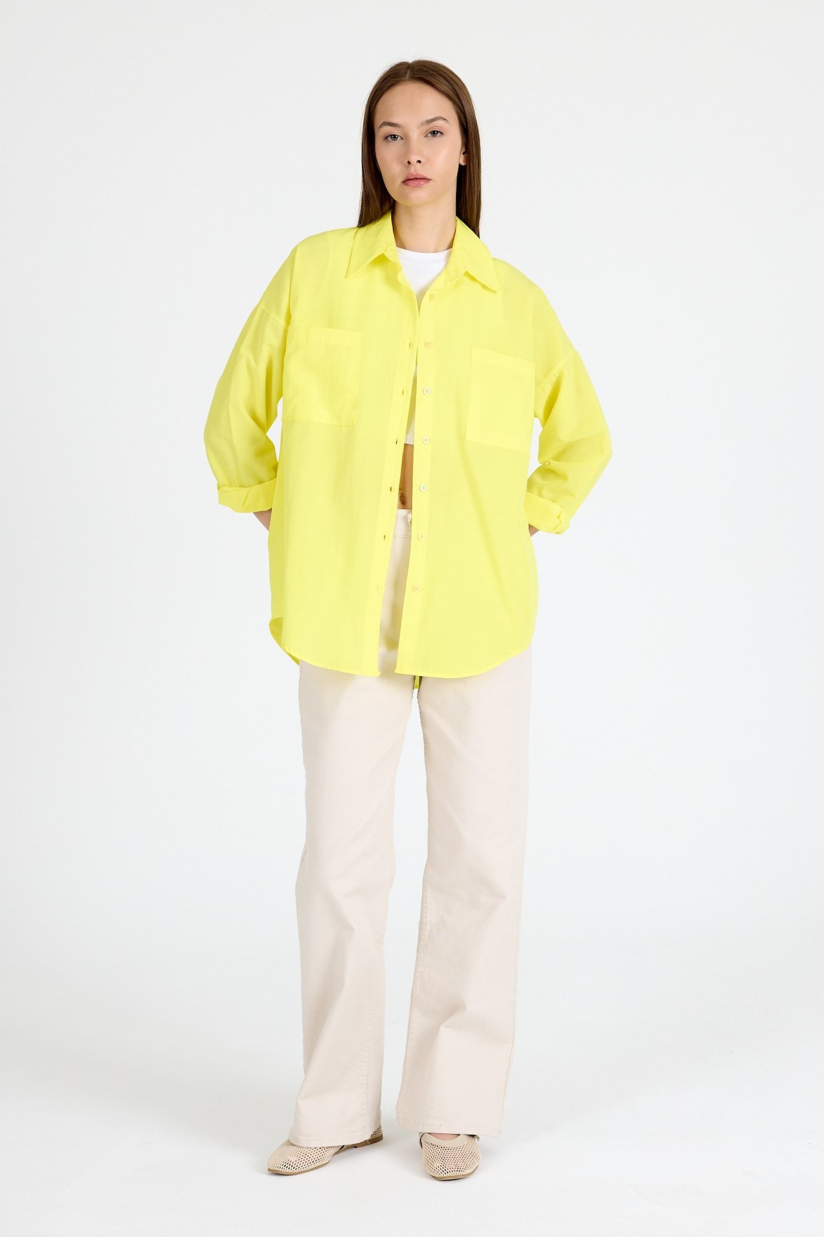 Sarı Çift Cepli Oversize Uzun Basic Gömlek TCR 6256A
